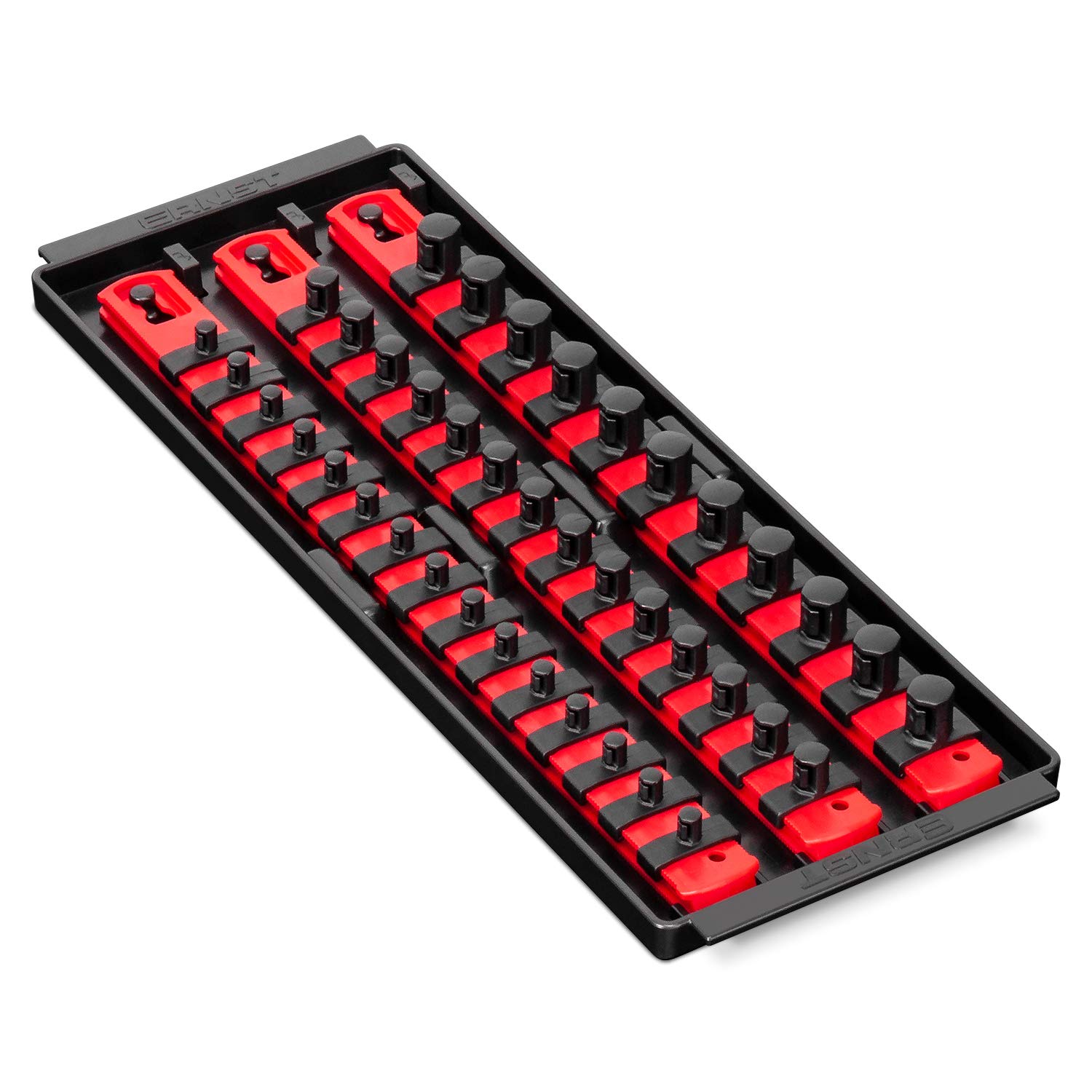 Ernst Manufacturing 8490 Socket Boss: 3-Rail Socket Organizer Tool Tray with 40 Clips (1/4", 3/8", 1/2") - Red, 13-Inch Rails for Toolbox Storage