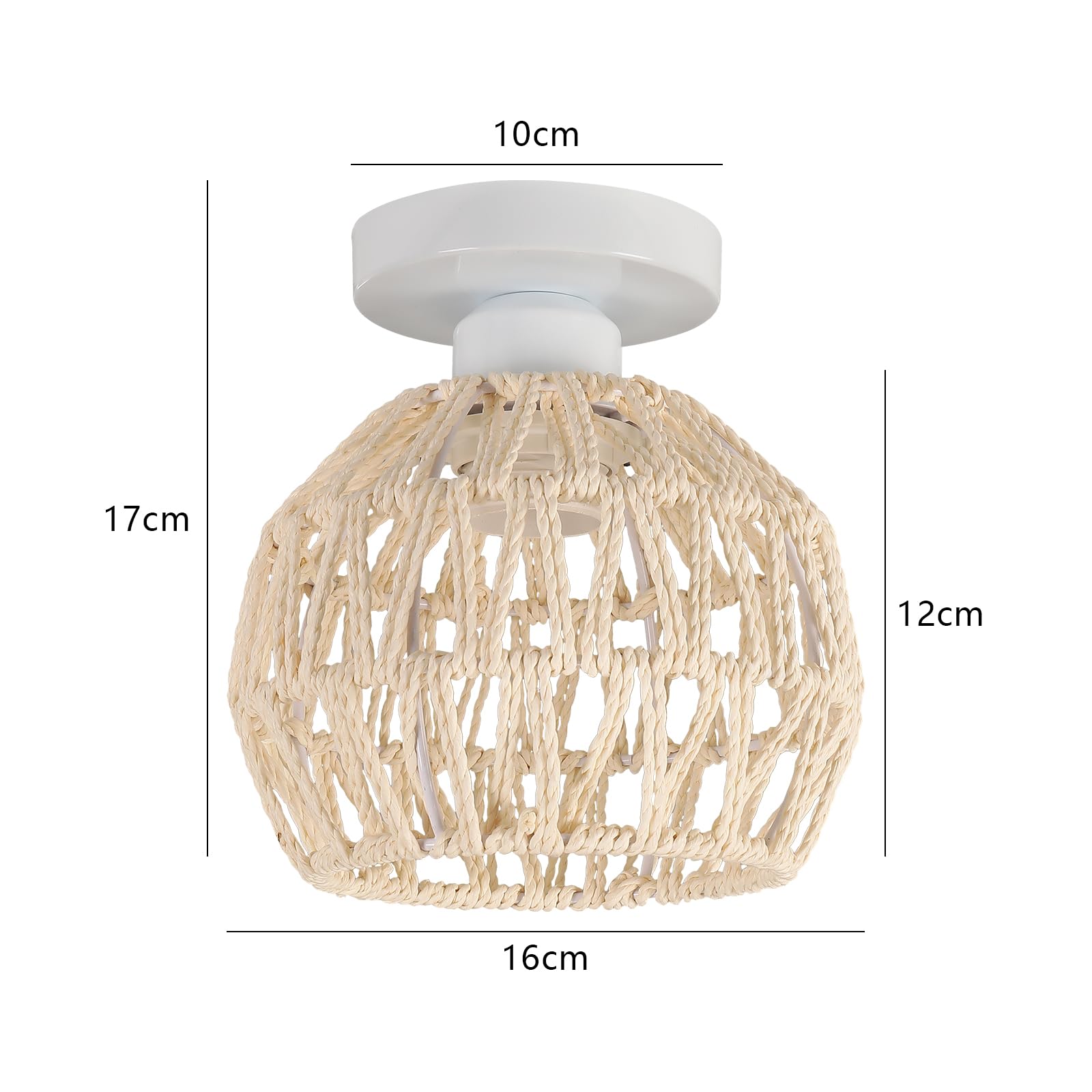 Lot de 2 Plafonnier Vintage E27 Lampe de Plafond Rétro Abat-jour en Métal et Rotin Luminaire Plafonnier Blanc pour Chambre à coucher Cuisine Couloir, Ø16cm