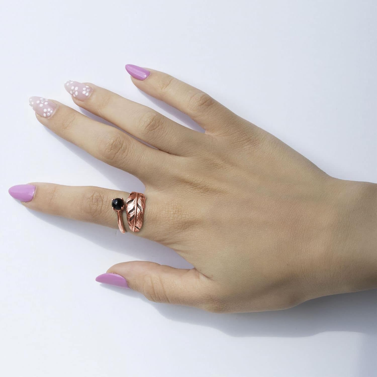 Adjustable Feather Ring For Women with Onyx Gemstone in 14K Rose Gold Plated on 925 Sterling Silver - Open Ended Spiral Ring; Dainty Feather Sizable Ring Jewelry, Handmade Jewelry For Women - Image 2