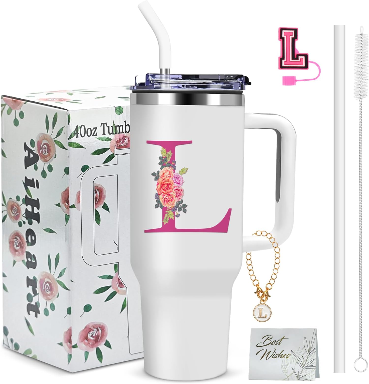 AiHeart 40oz Initial Tumbler,Personalized Gift for Women,Sister,Wife,Best Friend,Monogrammed Gifts for Birthday, Christmas,Custom Tumbler,Cute Tumblers with Straws-L