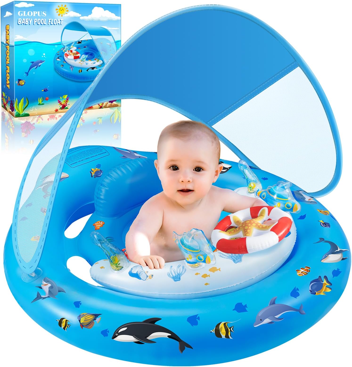 GLOPUS Baby Swimming Float, Baby Pool Float with Canopy, Inflatable Baby Swim Float, Toddler Pool Swimming Float for 6-36 Months, Adjustable Safety Seat, UPF 50+ Sun Protection Roof & Toy