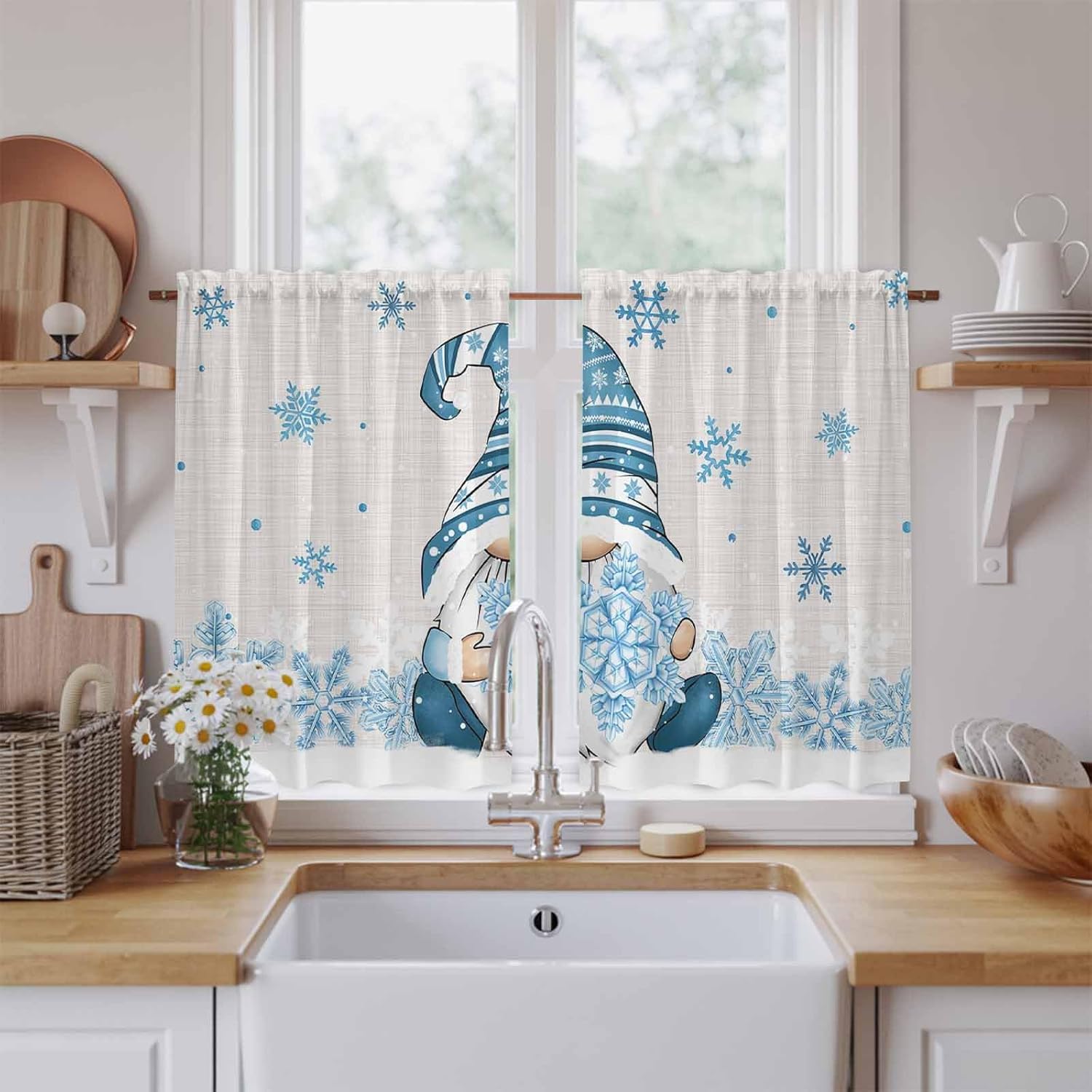 Blue Gnomes Christmas Kitchen Curtains 45 Inch Long 2 Panel Set, Rod Pocket Window Treatment, Blue Xmas Snowflake Winter Rustic Light Filtering Short Curtains & Drapes for Bathroom Laundry 52"W x 45"L