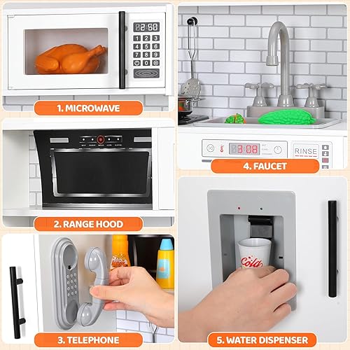 Miniatura 4 de Juego de cocina para niños, juego de juguetes de madera con diseño realista, sonidos de luces, ollas y utensilios para niños y niñas a partir de 3