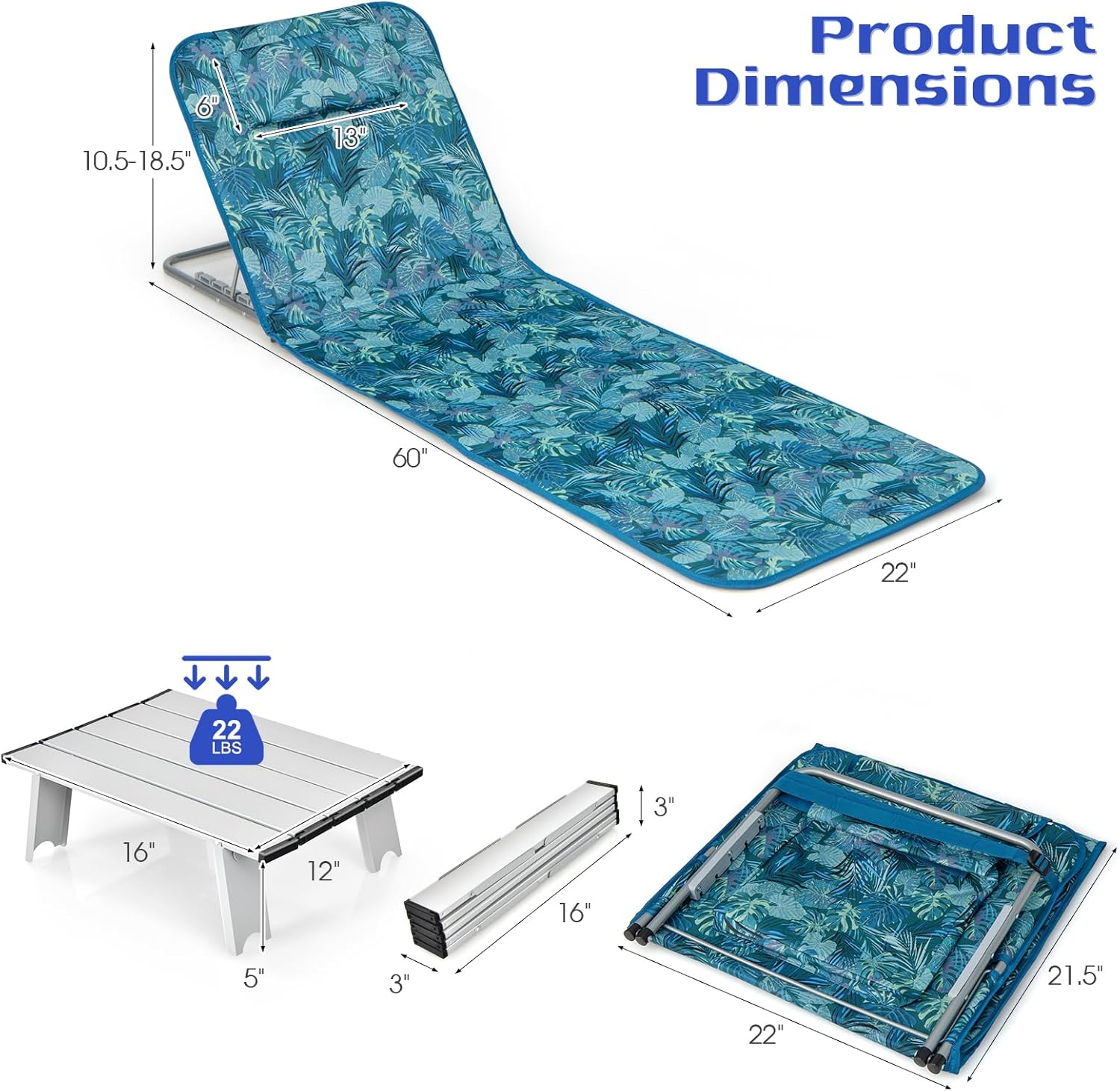 Tangkula 3 Pieces Beach Chairs for Adults, Lightweight Lawn Lounge Chairs with 5 Adjustable Recline Position, Zipper Pocket, Backpack 2 Pack Beach Chairs Set with Folding Side Table (Teal)