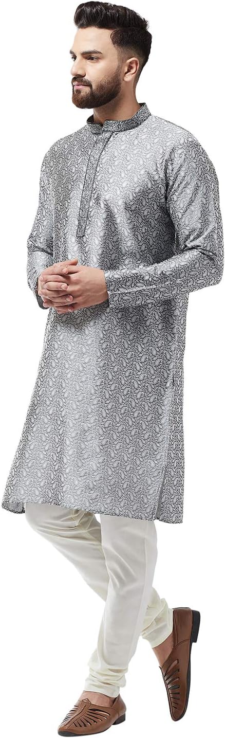 Size XL 42 Color Silver and white pants Sojanya (Since 1958 Men'S Silk Blend Gold Kurta And Off White Churidar Pyjama Set