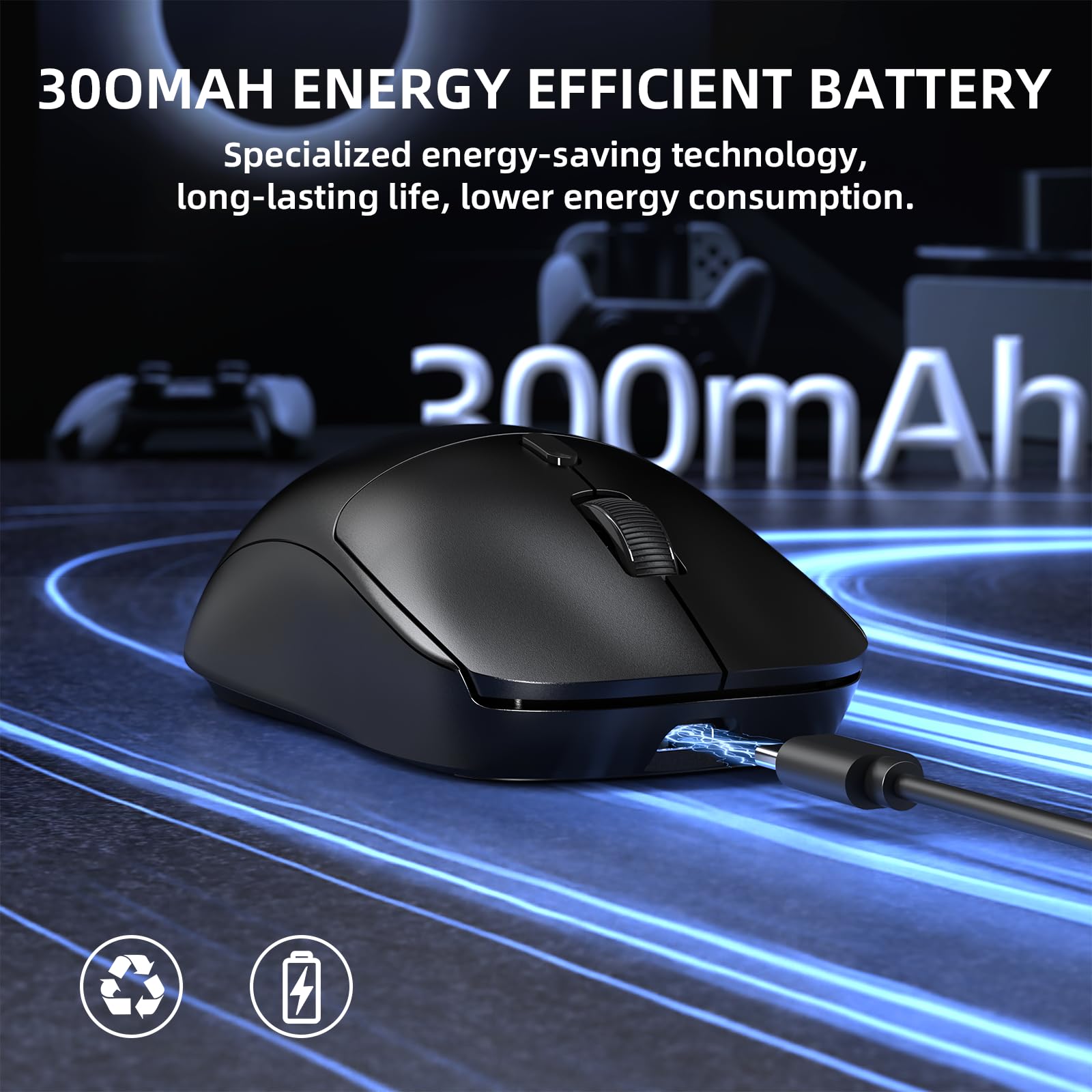 A.JAZZ NJ07 SUPERLIGHT Wireless Computer Mouse, BT/2.4G/USB-C, 67g Lightweight, 12800 DPI, 300mAh Battery, 1K Polling Rate, Streamlined Ergonomic, Cordless Silent Gaming Office Mice for PC/Mac-Black — view 6