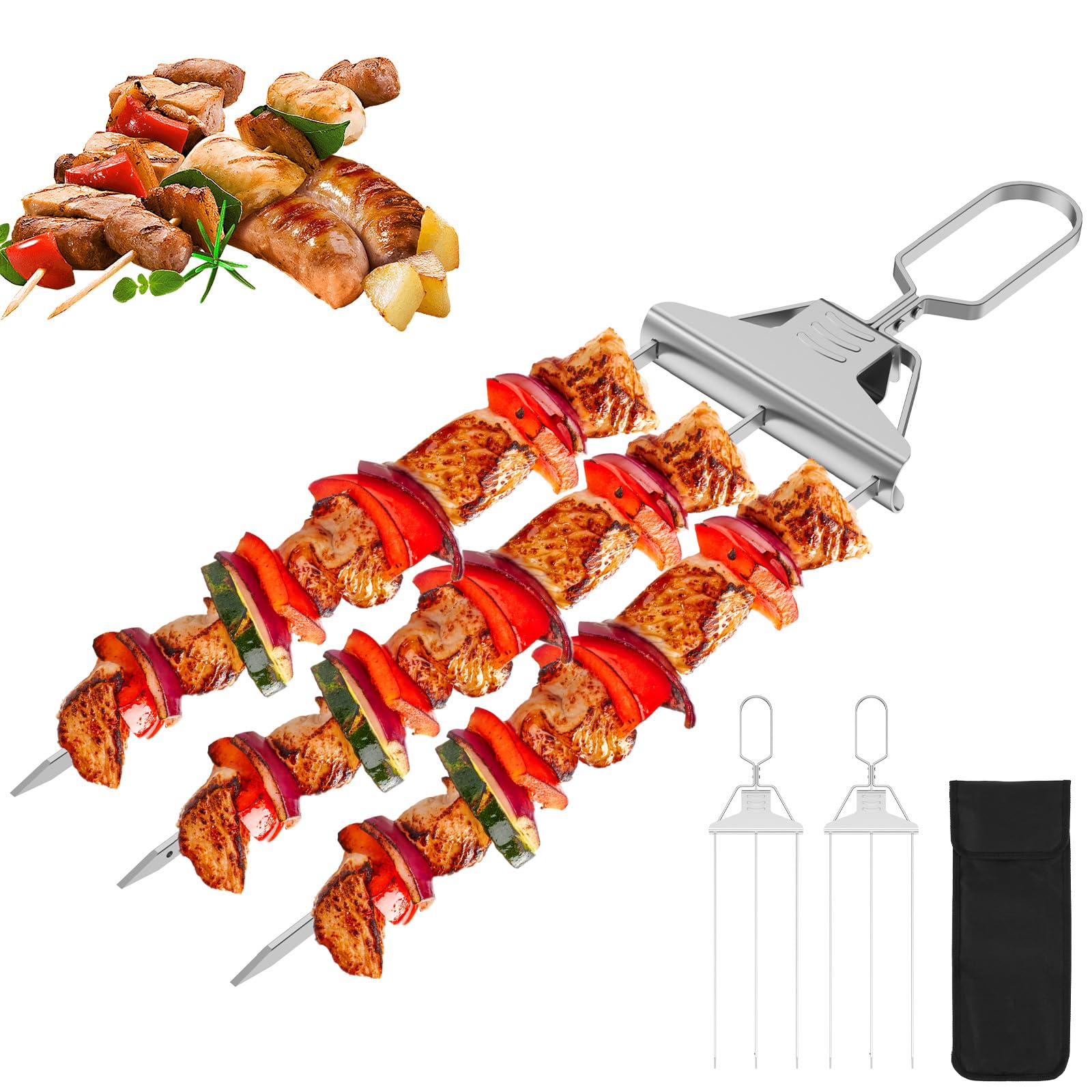 2PCS 3 Way Grill Skewers Chicken Skewers Skewers Stainless 3-Prong Skewers for Kabobs with Push Bar Slider BBQ Grill Accessories Kabob Sticks for Meat, Chicken, Sausages, Veggies