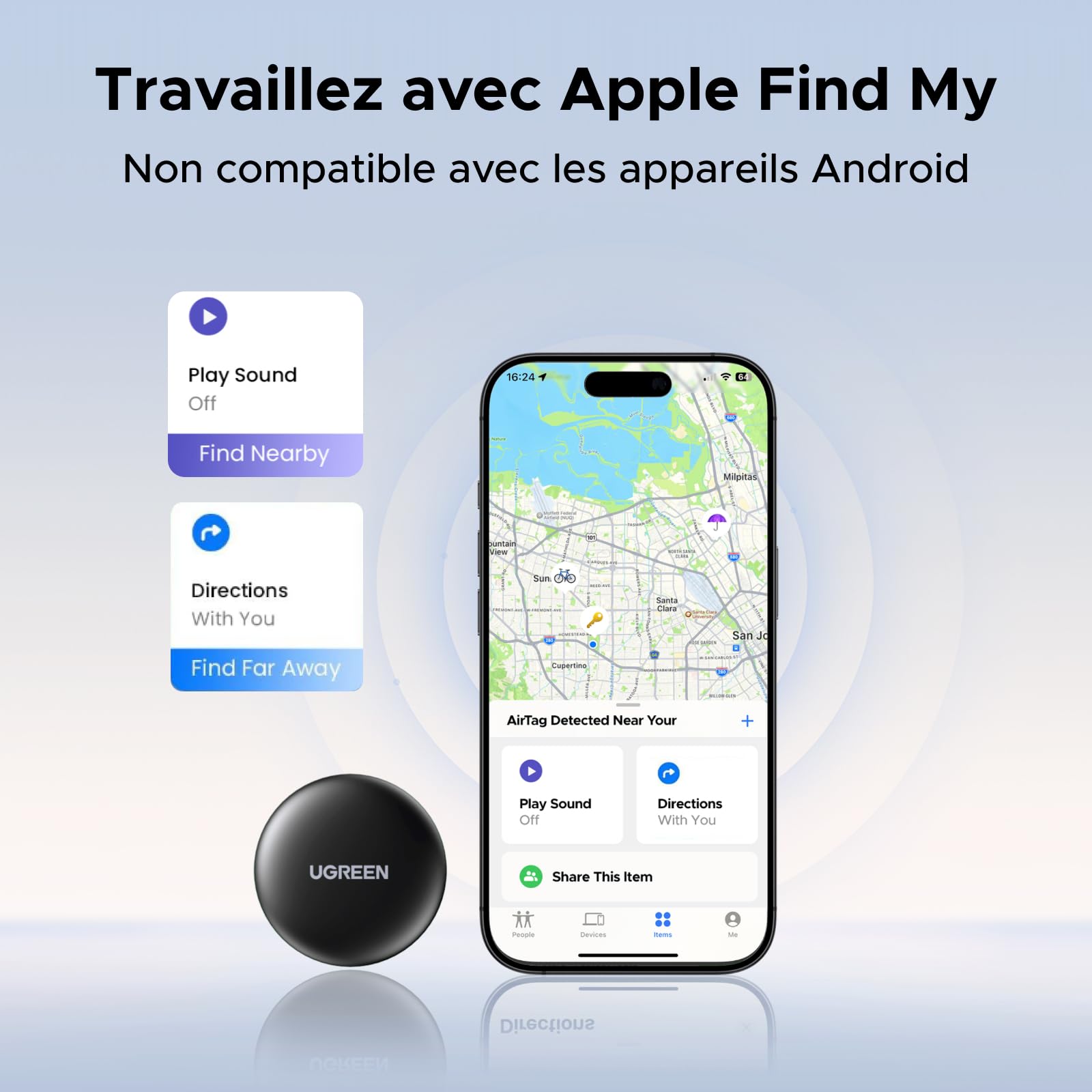 UGREEN FineTrack Mini Smart Finder Tag iOS Uniquement Lot de 2 | Traceur Bluetooth, 18 Mois Batterie, Localisateur Objets, Wallet Valises Portefeuilles Clés Bagages Sacs