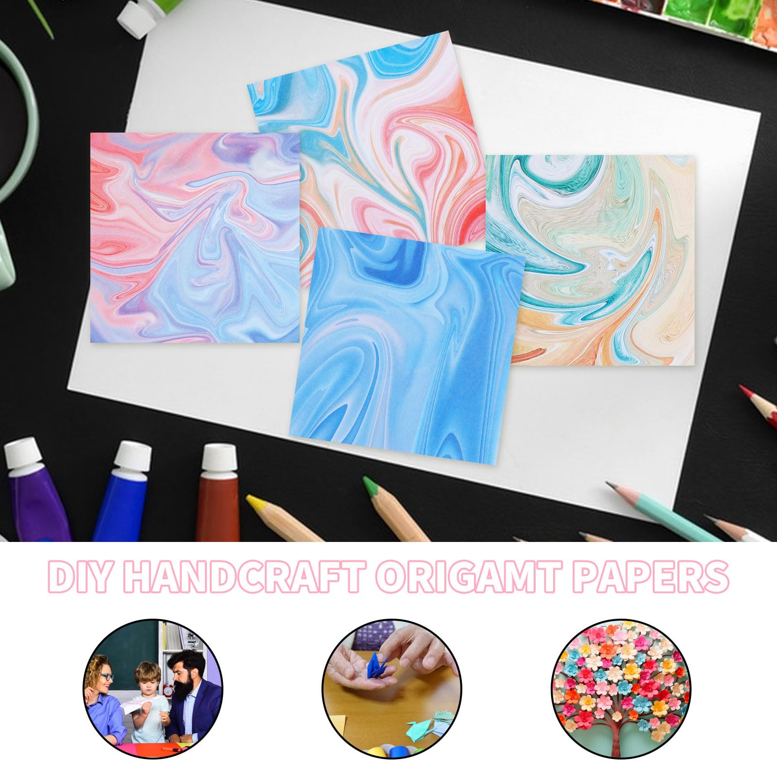 Papel Origami para Niños, 400 Gradiente Cuadrados Cartulinas Colores de Doble Cara 4 Bonitos Diseños Diferentes, 9,5 x 9,5 cm Papiroflexia para Niños Proyectos de Manualidades Escolares