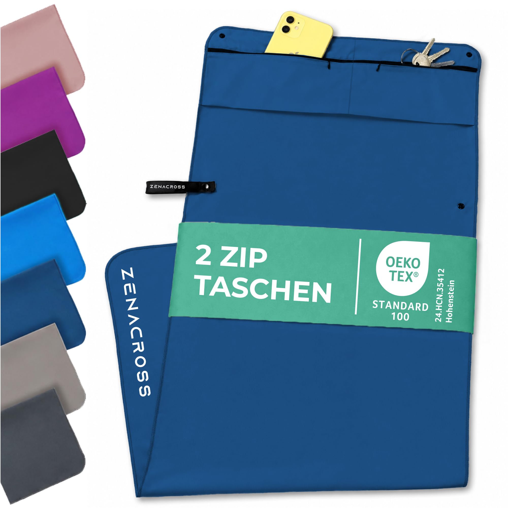 ZENACROSS Sporthandtuch Fitnessstudio aus Mikrofaser, Reißverschluss Tasche und Magnet | Gym Handtuch Kompakt, rutschfest & Schnelltrocknend | Fitness Handtuch Marineblau, 130 x 48 cm