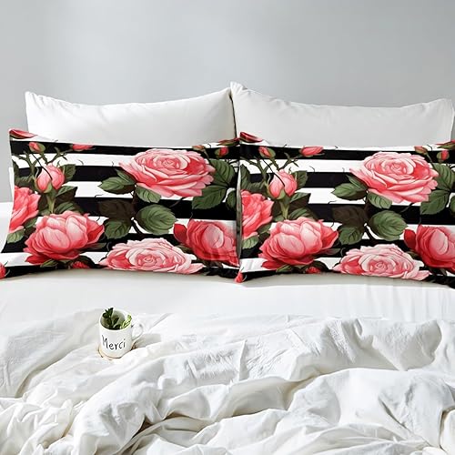 Miniatura 4 de Erosebridal Sábanas de cama de flores rojas y rosas, sábana bajera ajustable a rayas blancas y negras, tamaño Queen, ropa de cama floral botánica,