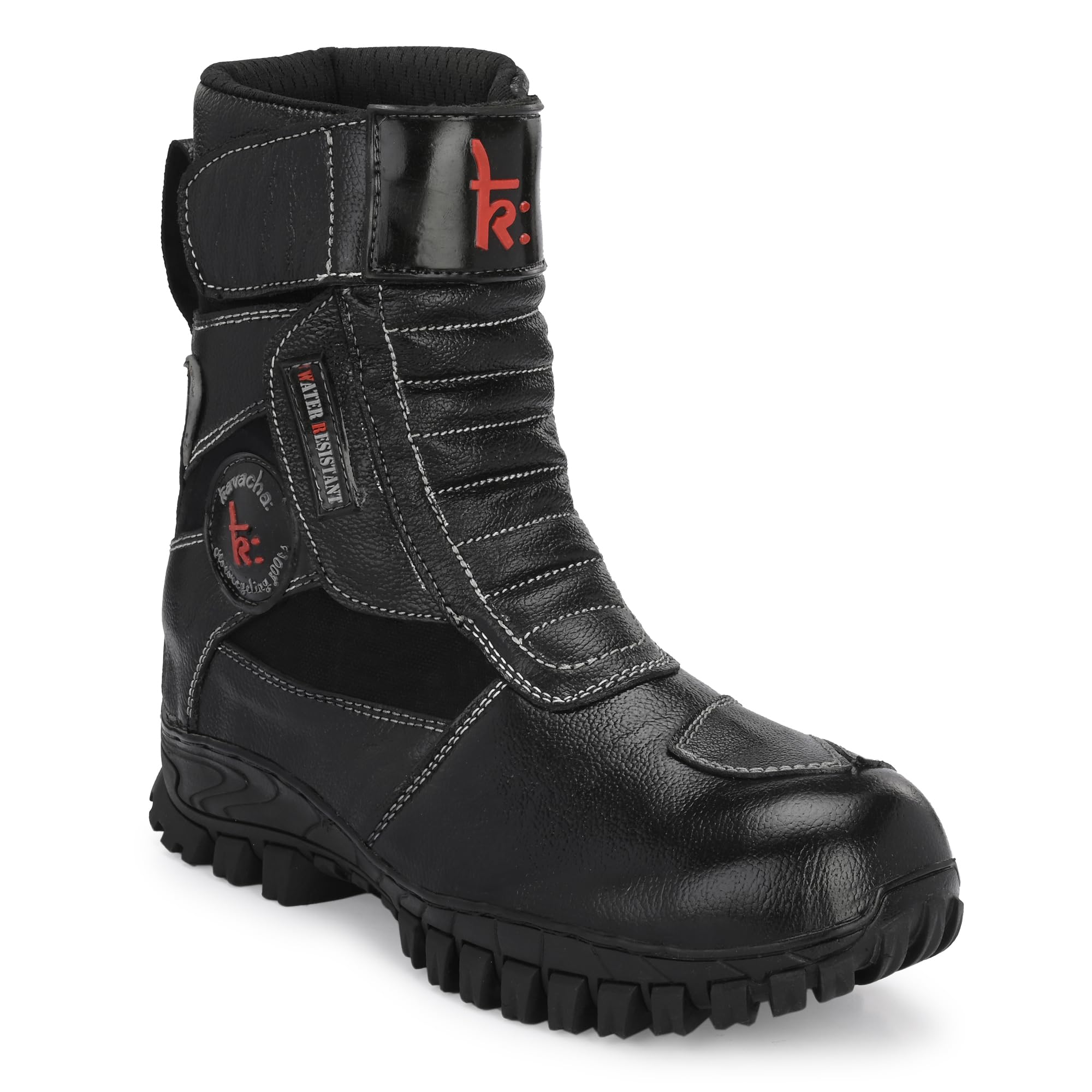 KAVACHAclassic Biker boot/Motorcycle boot/Pro riding gear Pure leather upper & Rubber sole and Memory form insocks for long time wear and super extra comfort with ISI mark steel toe
