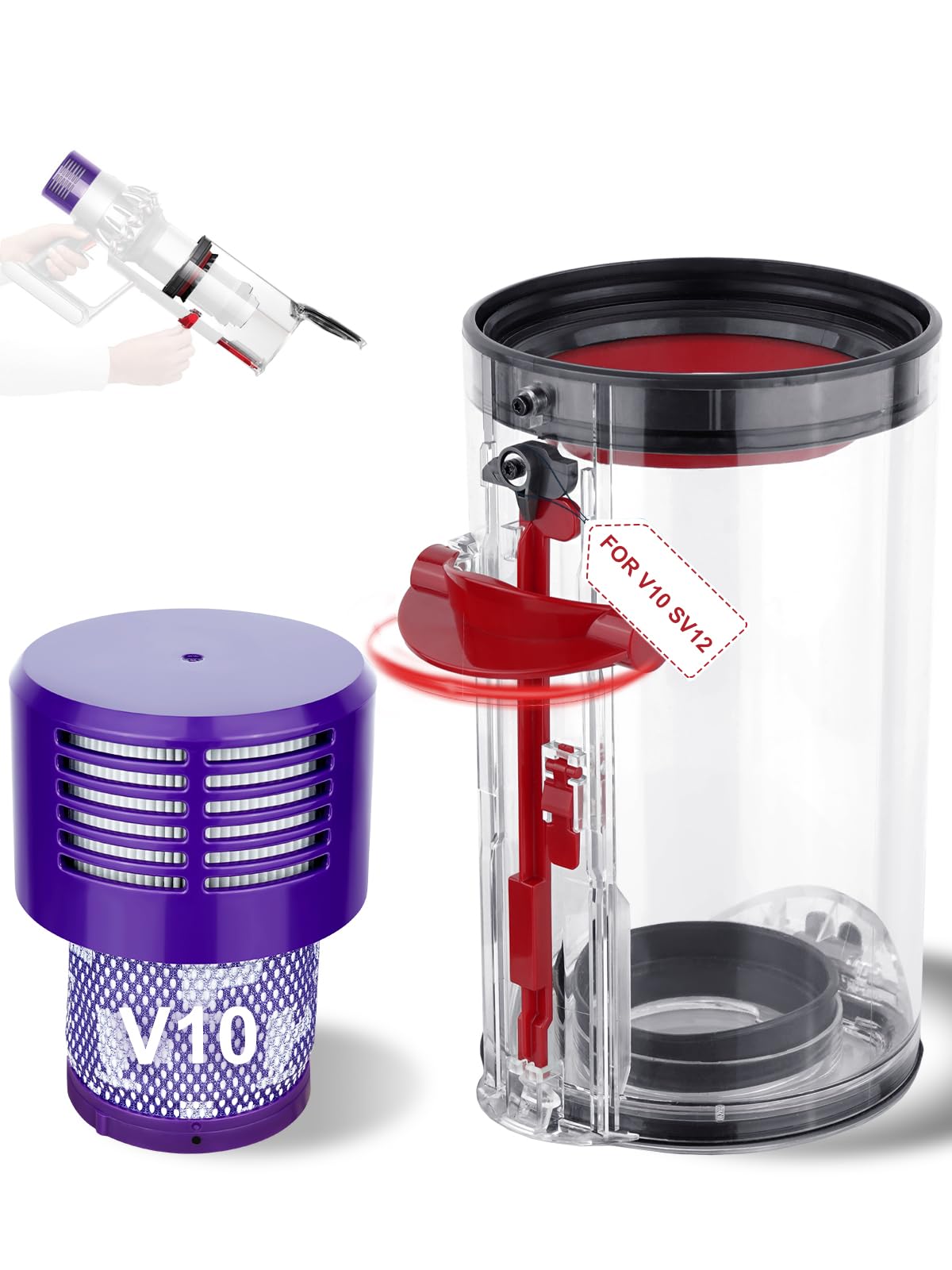 Bin Replacement and Filter for Dyson V10 SV12 Animal and Absolute Models, for Absolute/Animal/Animal Extra/Total Clean, Bin Part No.969509-01 and Filter Part No. 969082-01