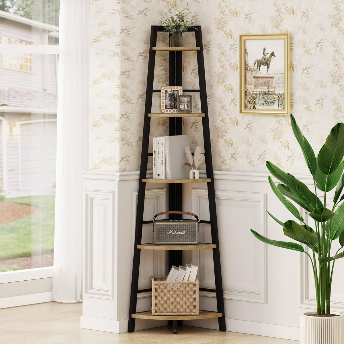 BON AUGURE Corner Ladder Shelf, 5 Tier Metal Wood Corner Bookshelf, Tall Corner Shelf Plant Stand for Living Room, Home Office, Bathroom (Vintage Oak)