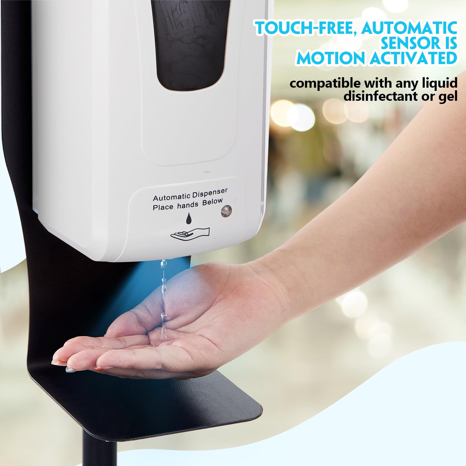 Blulu Paquete de 2 dispensadores automáticos de desinfectante de manos/jabón, dispensador de jabón con sensor automático sin contacto blanco y estación de desinfección de soporte negro con soporte de