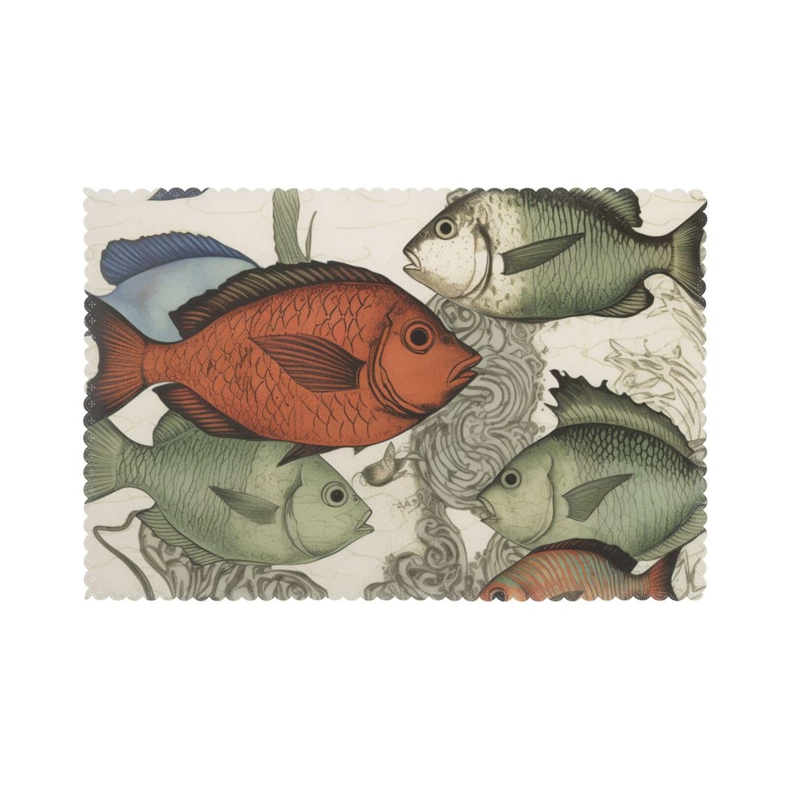 Fish Printed Placemat Heat Resistant Place Mats Set of 6 PCS Washable Kitchen Table Mats, 12x18 Inch