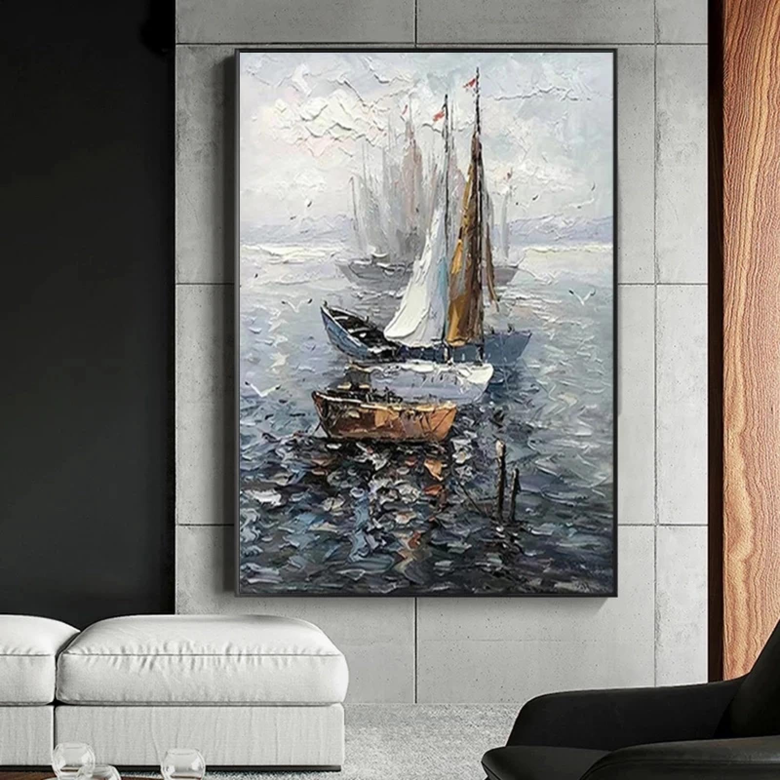 CHAOJIART Texture Abstract Sailing Boat Oil Canvas Painting Sea Scenery Poster Print Wall Art Picture for Living Room Wall Decoration 80x110cm(32x43in) Frameless