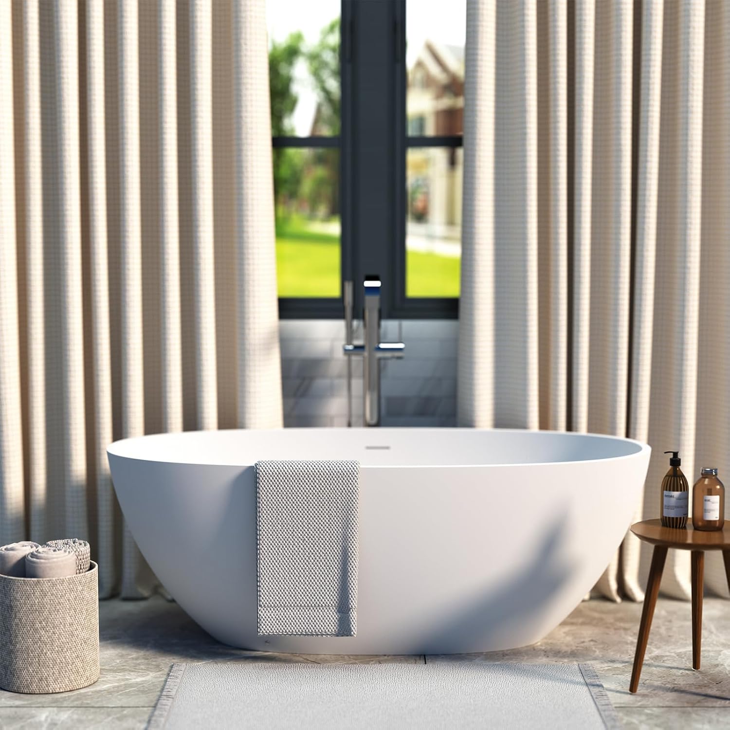 Cpingao 55" Stone Resin Freestanding Bathtub, Oval Shaped Solid Surface