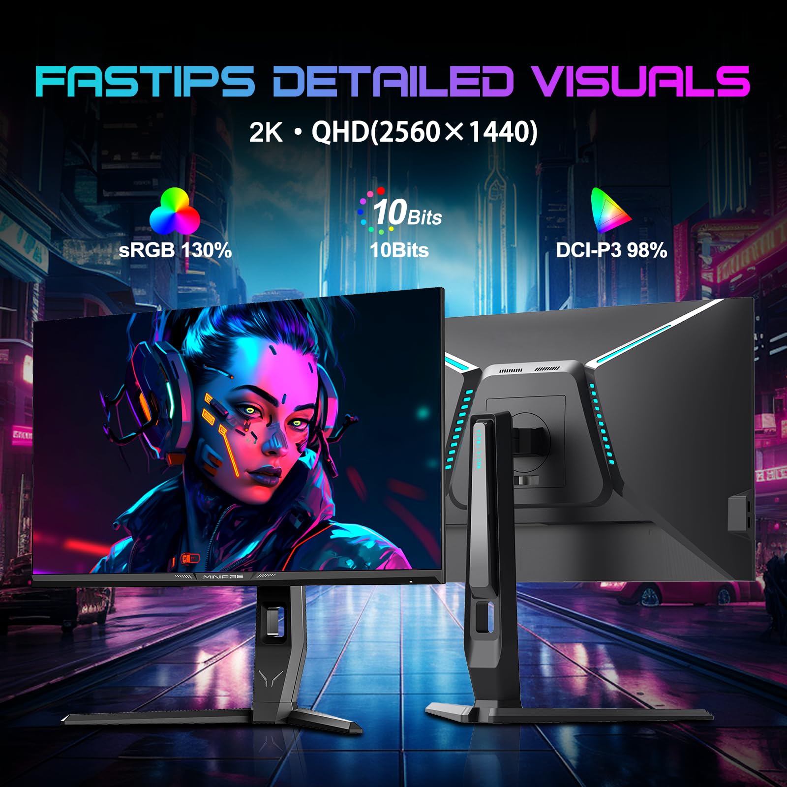 Minifire 27 pollici WQHD 240Hz Gaming Monitor 1440P-1ms AMD FreeSync 丨DCI-P3 98% 丨Fast IPS丨Loudspeaker丨HDR10 丨2×DP1.4丨2×HDMI丨Height adjustable vertical/horizontal rotatable Gaming PC Monitor
