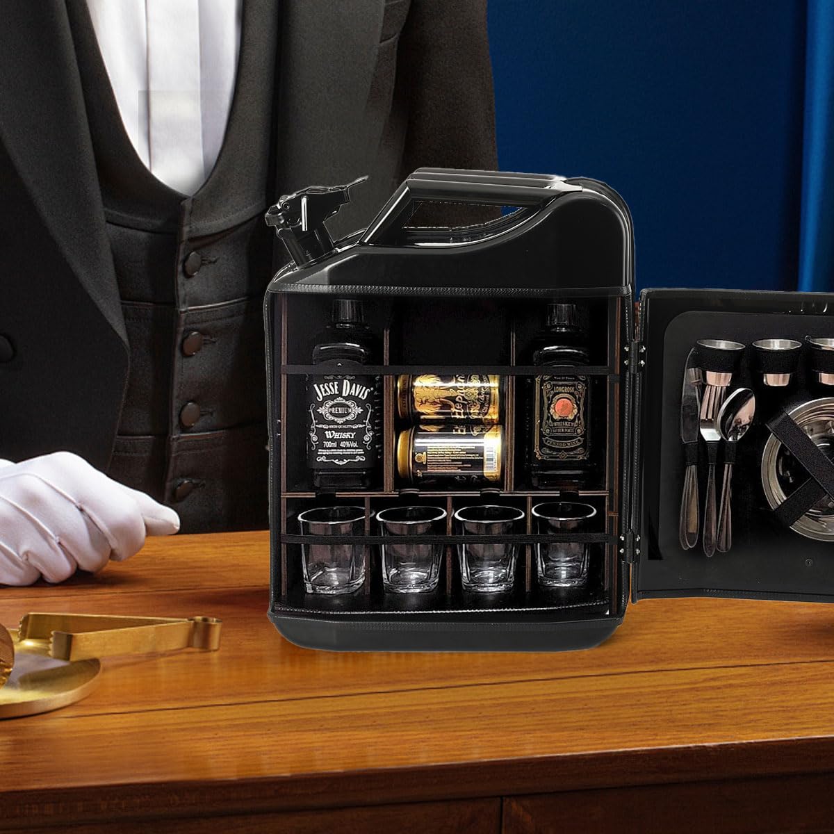 20L Kanister Mini Bar, Benzinkanister Form Mobile Bars,Abschließbare Minibar mit Holz Fächern, Whiskey Bar Schrank, Geschenk für Männer Ehemann Papa - 36x17x47 cm (ohne Alkohol)