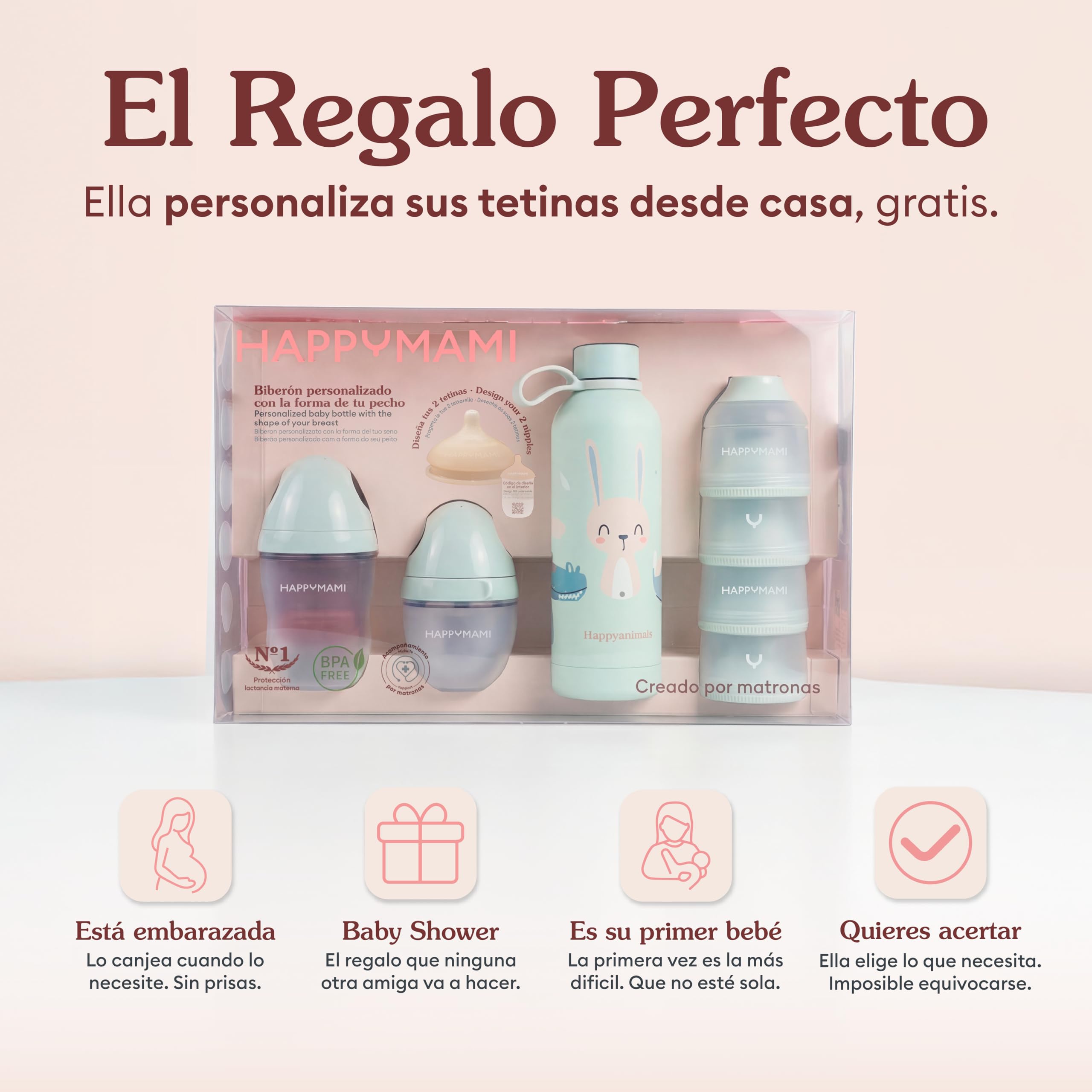 HAPPYMAMI Pack Regalo Bebé Recién Nacido | Canastilla Lactancia (Menta) | Kit con 2 biberones diseñados a medida que cuidan el vínculo, termo y dispensador. Regalo ideal para baby shower.