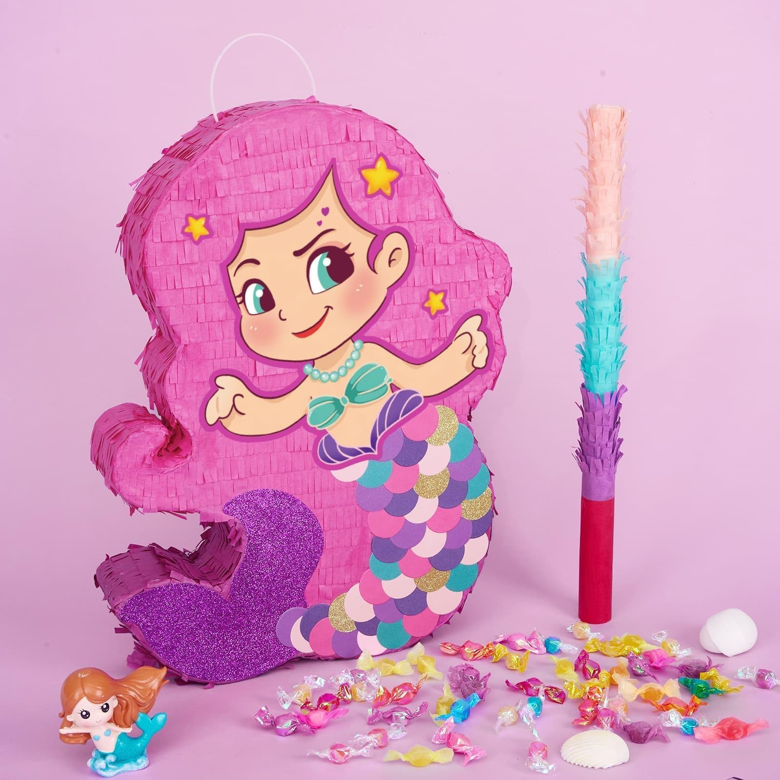 WERNNSAI Piñata Sirena - Piñata Sirena Cumpleaños Niñas Colorida Brillante Cola de Pescado Palo y Antifaz Decoración Fiestas Verano en el Océano Juegos Fiestas Cumpleaños (40 x 31 cm)