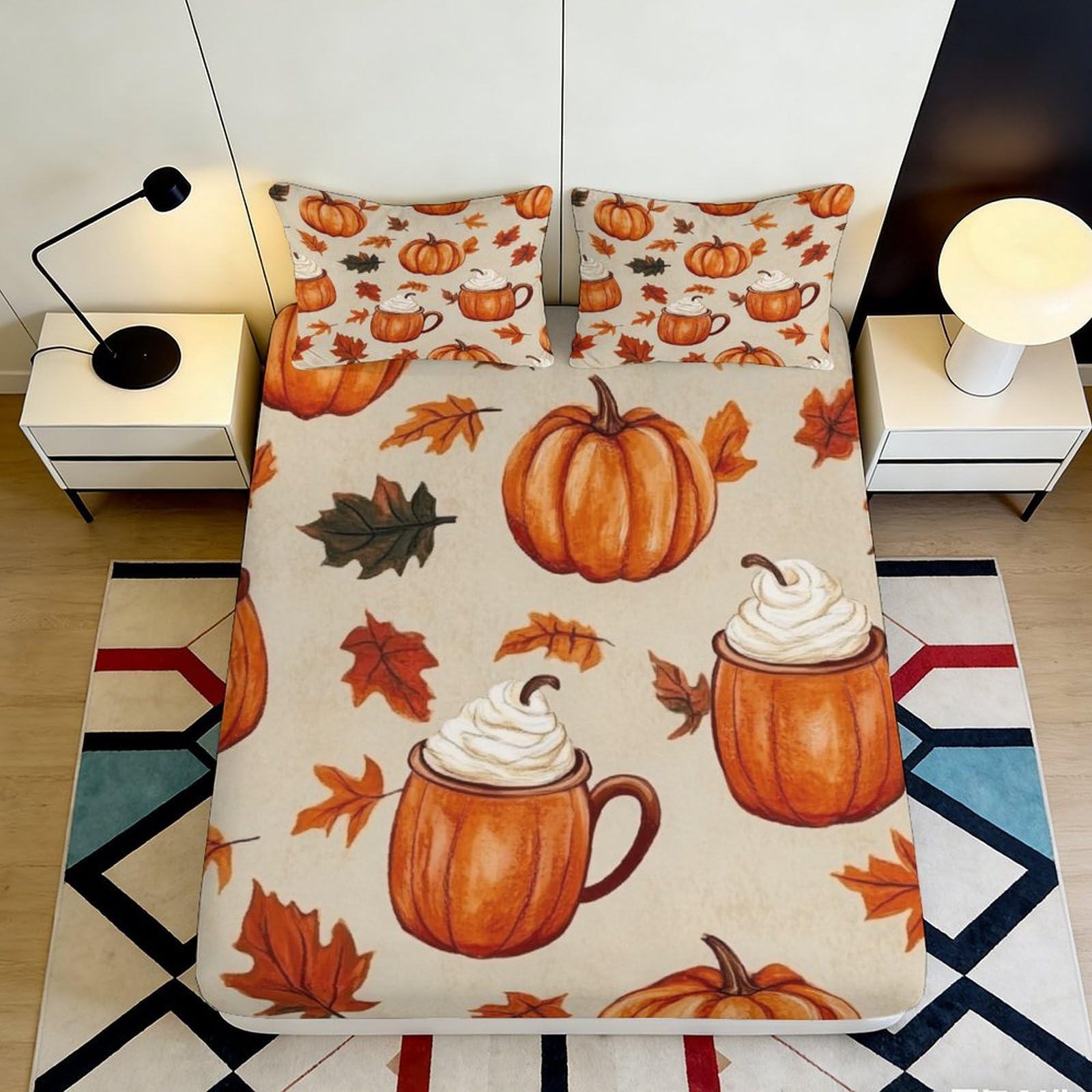 3D Printed Autumn Pumpkin Fitted Sheet Microfiber Soft Durable Fall Leaves Bed Cover for Bedroom Dormitory Guest Room Mattress Protection 200x200x25cm
