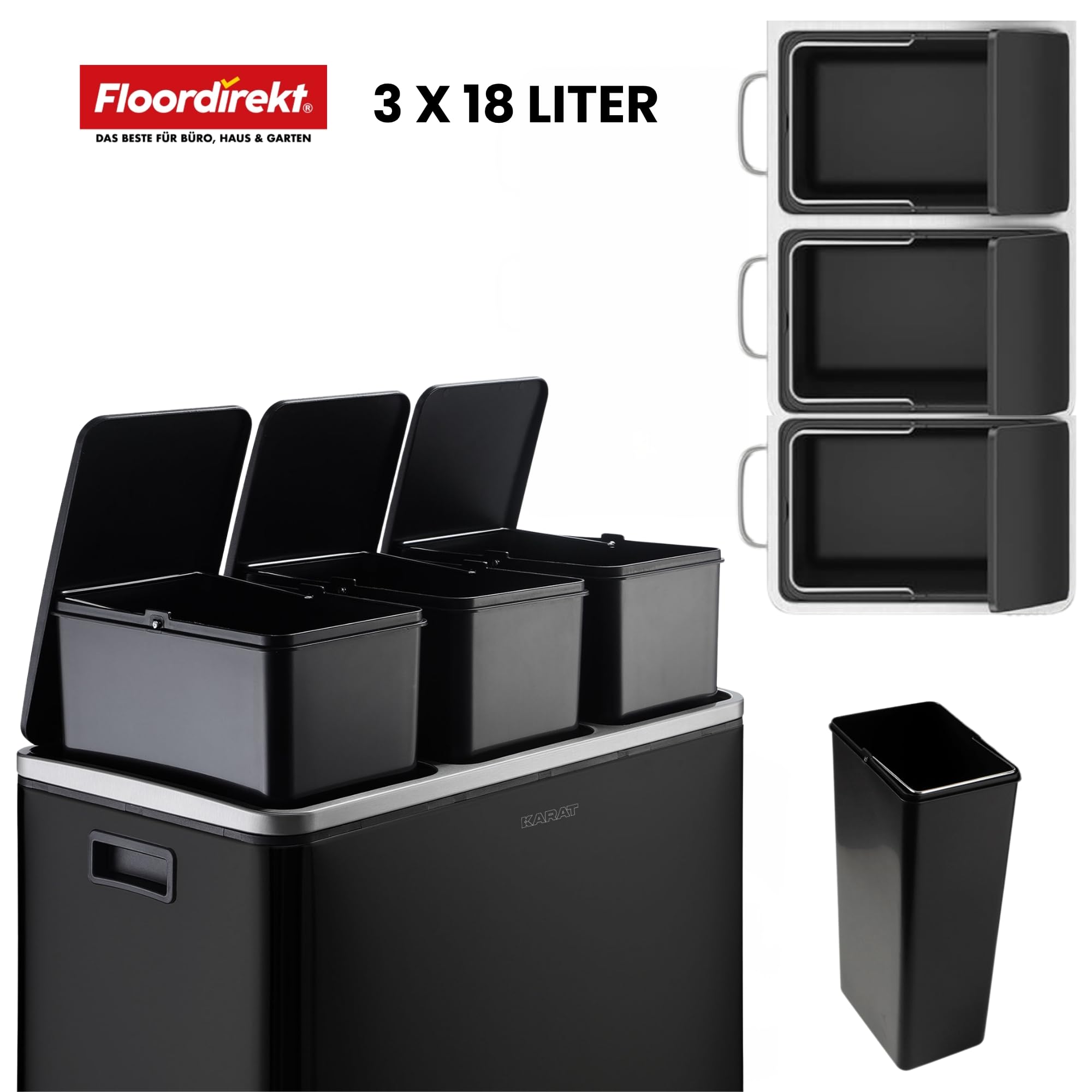 Floordirekt Mülleimer Küche 3×18L Schwarz | 3-Fach Mülltrennung, Treteimer Küche, Metall, Soft-Close, luftdicht, Kunststoff-Inneneimer, Klappdeckel – (Felix)