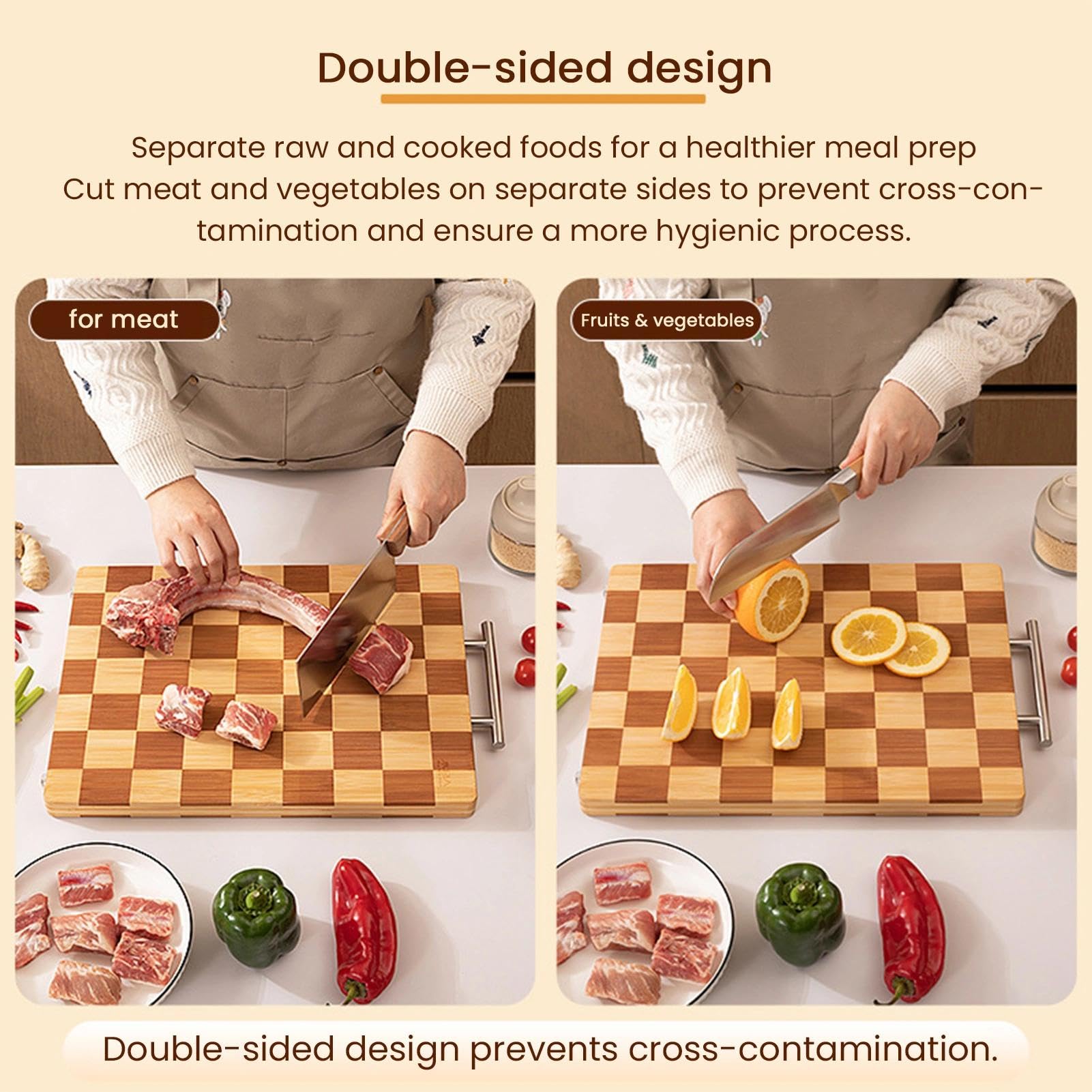 Tabla de cortar grande de bambú para cocina, tabla de cortar gruesa antideslizante con superficie de doble cara de grado alimenticio para carne, pescado, verduras