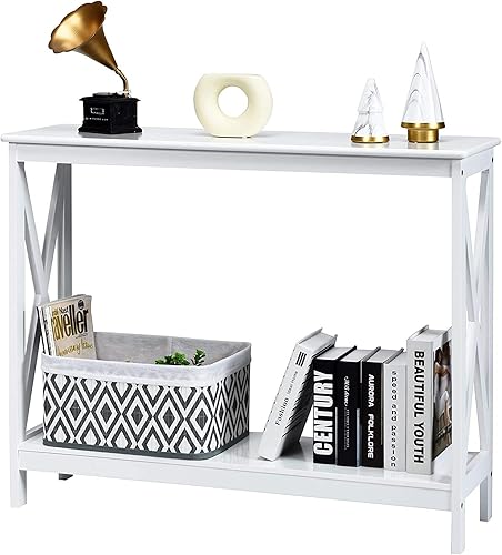 DORTALA Mesa consola de 2 niveles con estante de almacenamiento, estantería X-Design, mesa de acento estrecha para entrada, pasillo, sala de estar,