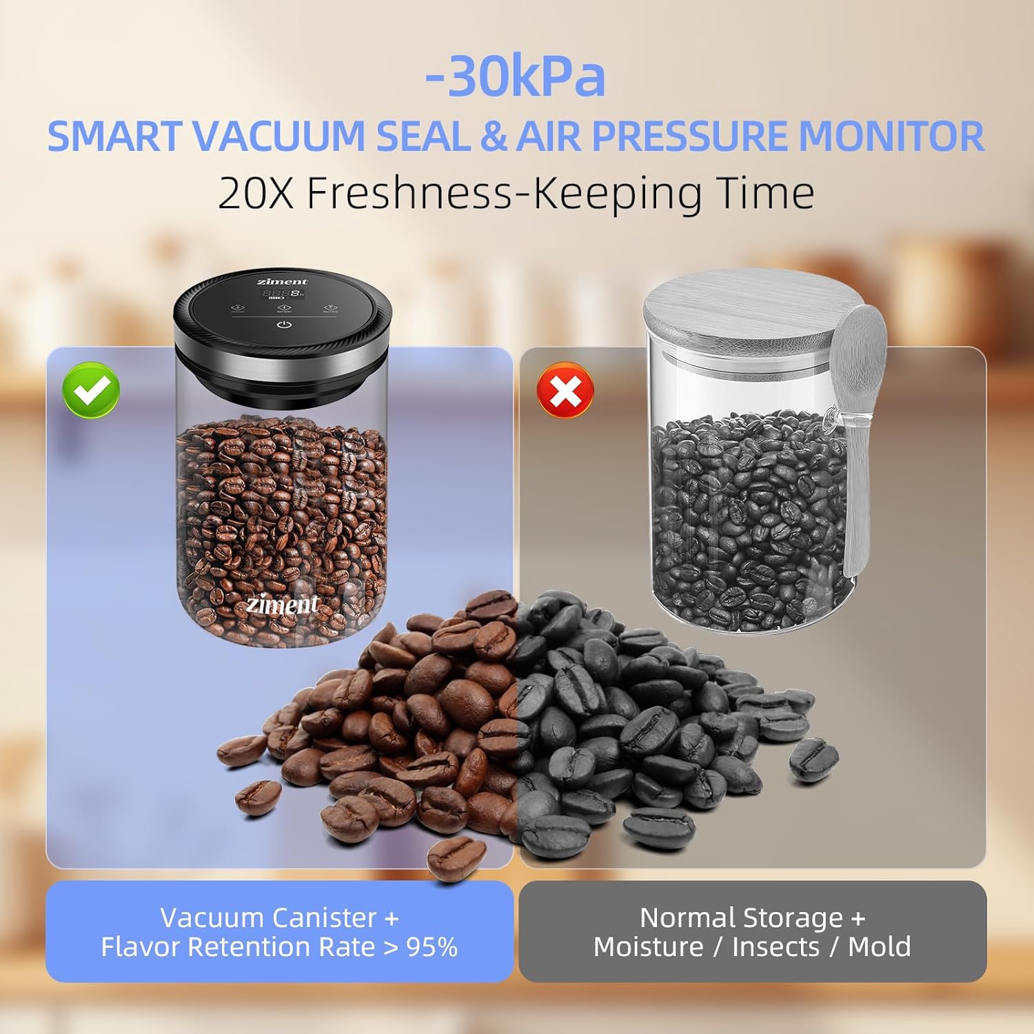 2 PCS 1.6L Automatic Vacuum Coffee Canister, Sealed Glass Food Storage Container for Coffee Beans, Tea Leaves, Nuts, Snacks, Pasta, Home Kitchen Food Storage, Gifts,17OZ