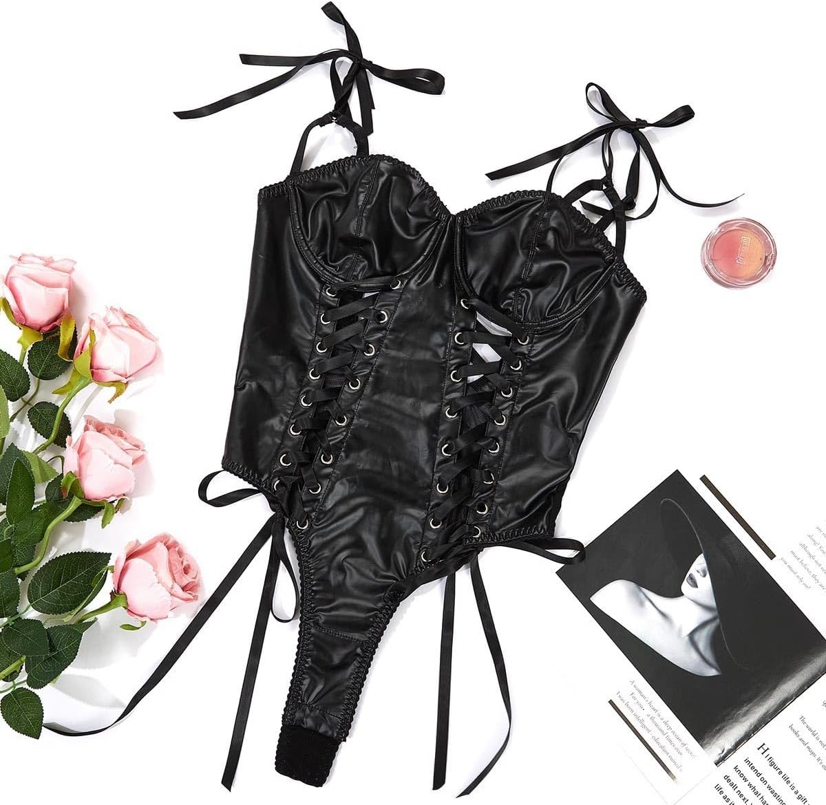 Leather Lingerie Set for Women Latex Leotard Bodysuit Mesh Teddy Lingerie Underwear Clubwear with Snap Crotch - Image 6