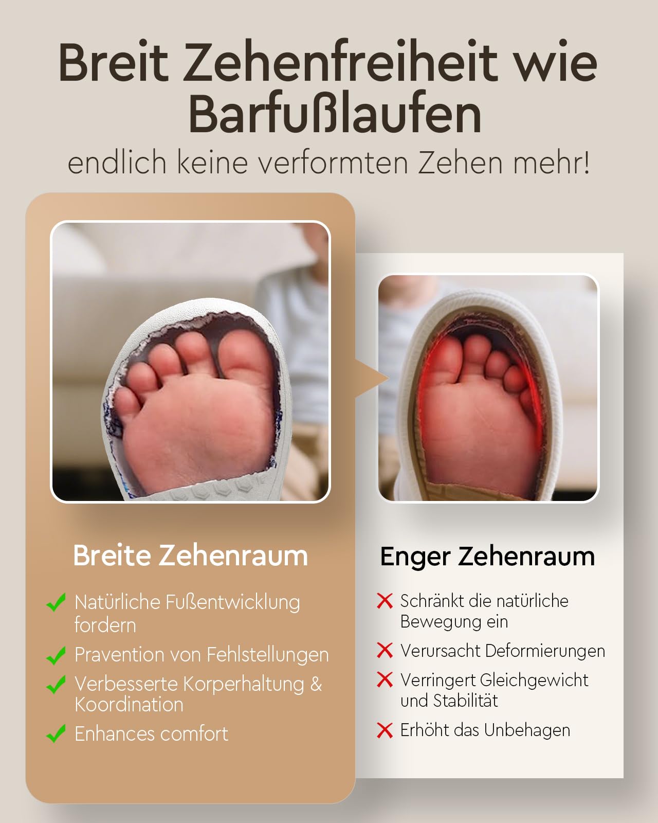 Chaussons pieds nus pour enfants - Larges - Pour garçons et filles - Taille