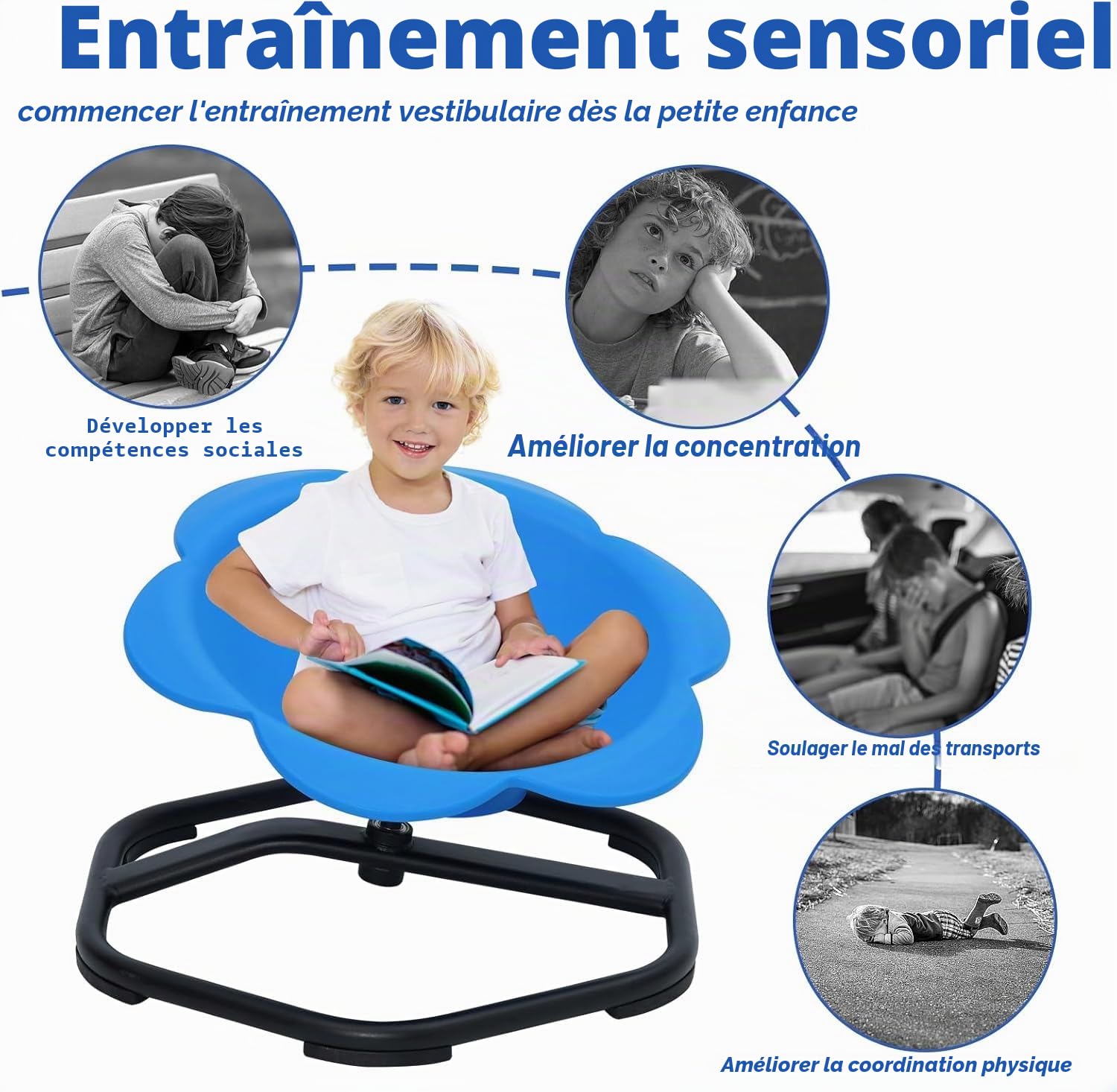 Chaise pivotante éléphant pour Enfants, siège Rotatif à 360°, Chaise pivotante pour Enfants autistes, Chaise carrousel sensoriel, Chaise d'entraînement et de Coordination corporelle, Base en