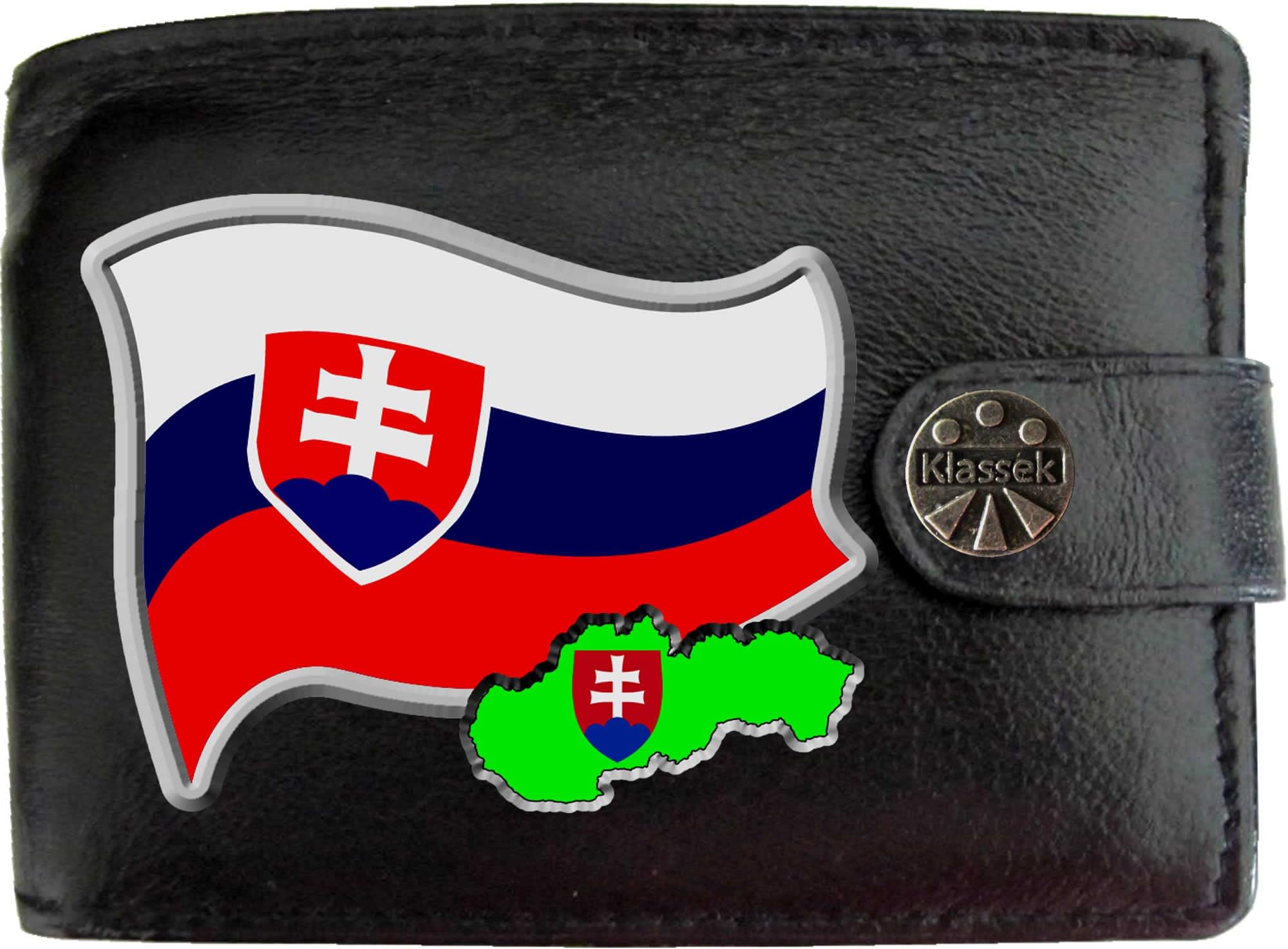 Slovakia Flag Slovak Map and Coat of Arms COA KLASSEK Mens Wallet Real Black Leather RFID Blocking with Coin Pocket and Metal Gift Box