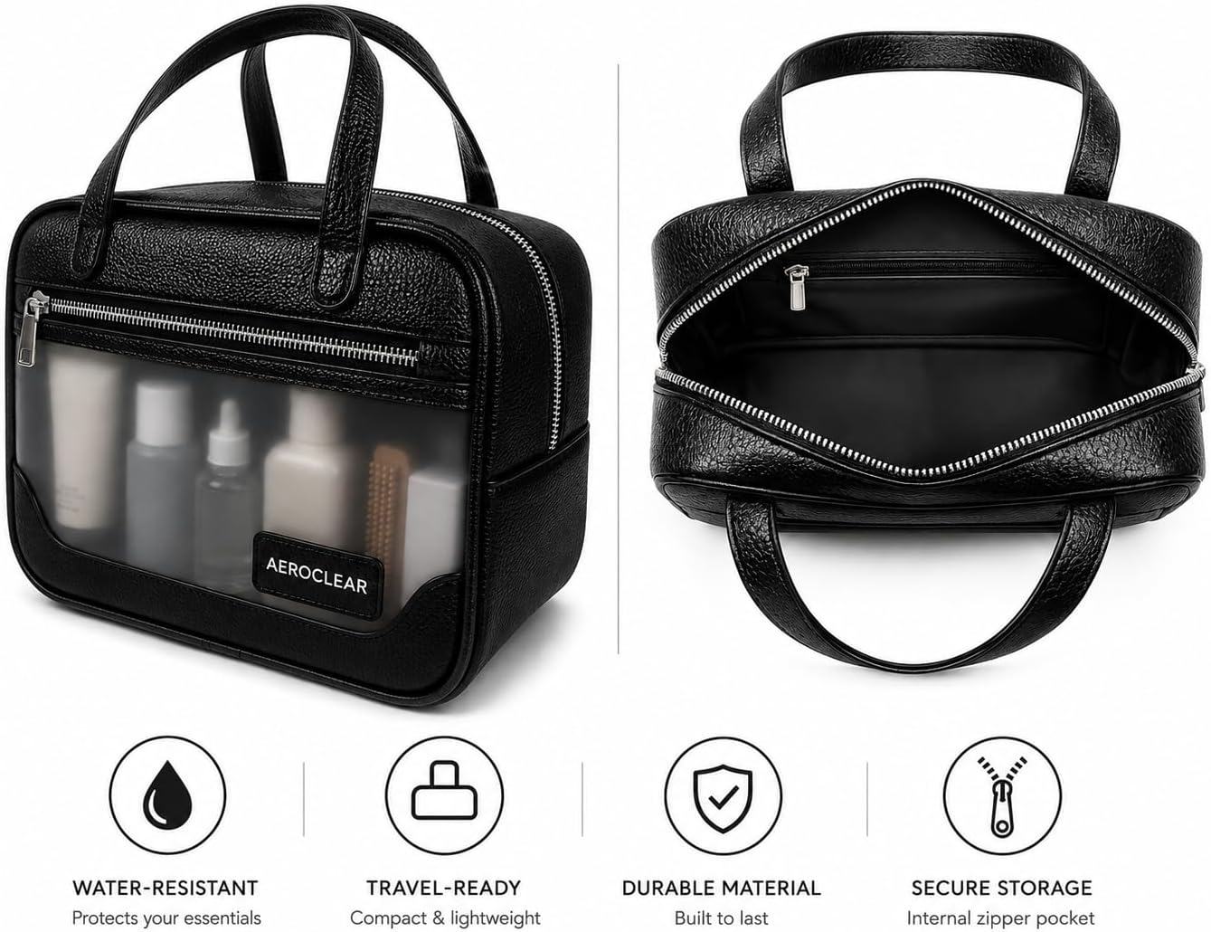 Clear Toiletry Bag - TSA Approved, Waterproof Organizer | Rigid structure, clear visibility, 3-compartment organization, sleek black finish