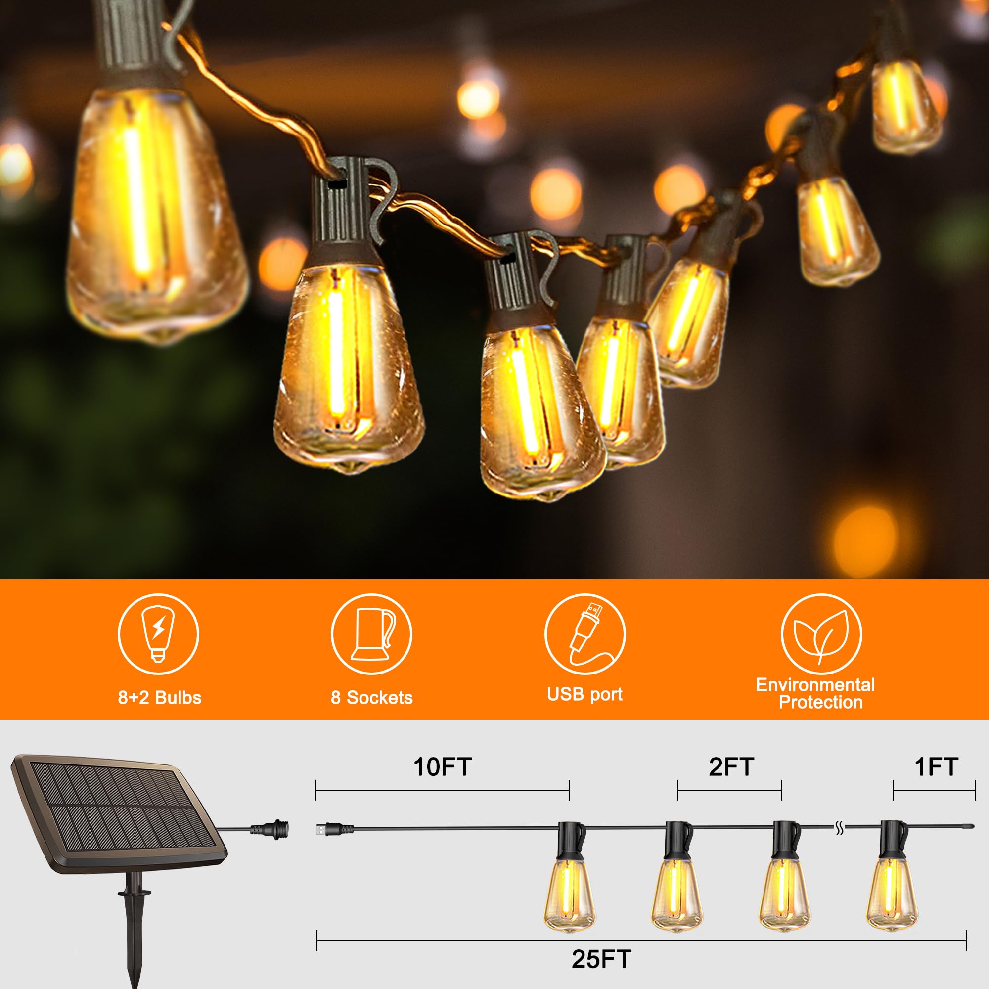 BLIATLUS Guirnalda de luces solares de 25 pies para exteriores, impermeable, con control remoto, 8 + 2 bombillas LED ST38 inastillables para porche, jardín, mercado, bistró, patio, valla