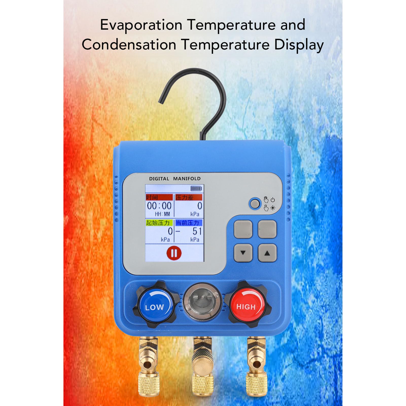 Luocute Manometri Digitali per Collettore HVAC, Misuratore di Vuoto per Pressione con Display a Doppio per 94 Refrigeranti con 3 Porte per Climatizzazione Automatica e Manutenzione del
