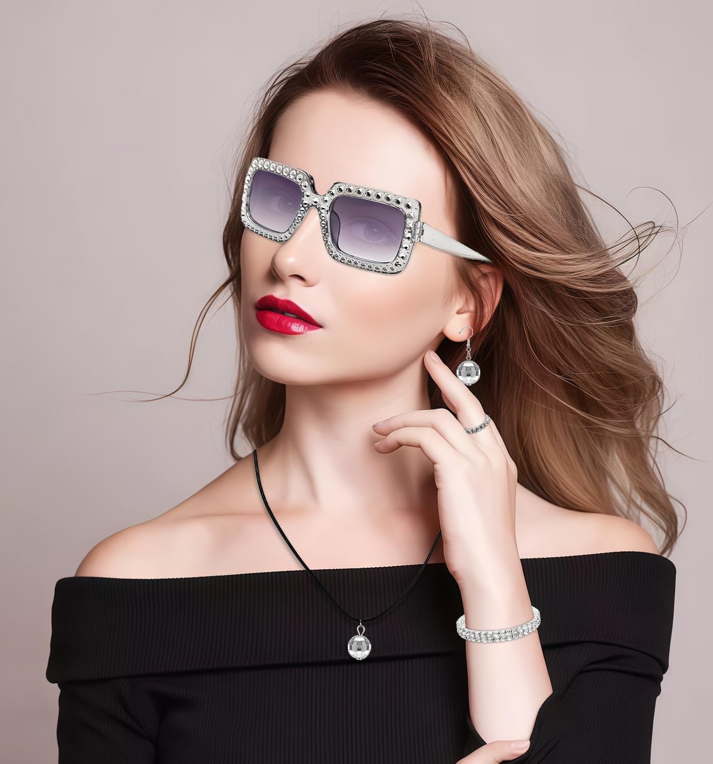 9 Pcs 70s Women Disco Accessories Disco Costume with Sequin Scarf Diamond Headband Bracelet Glasses Necklace Earrings - Image 3