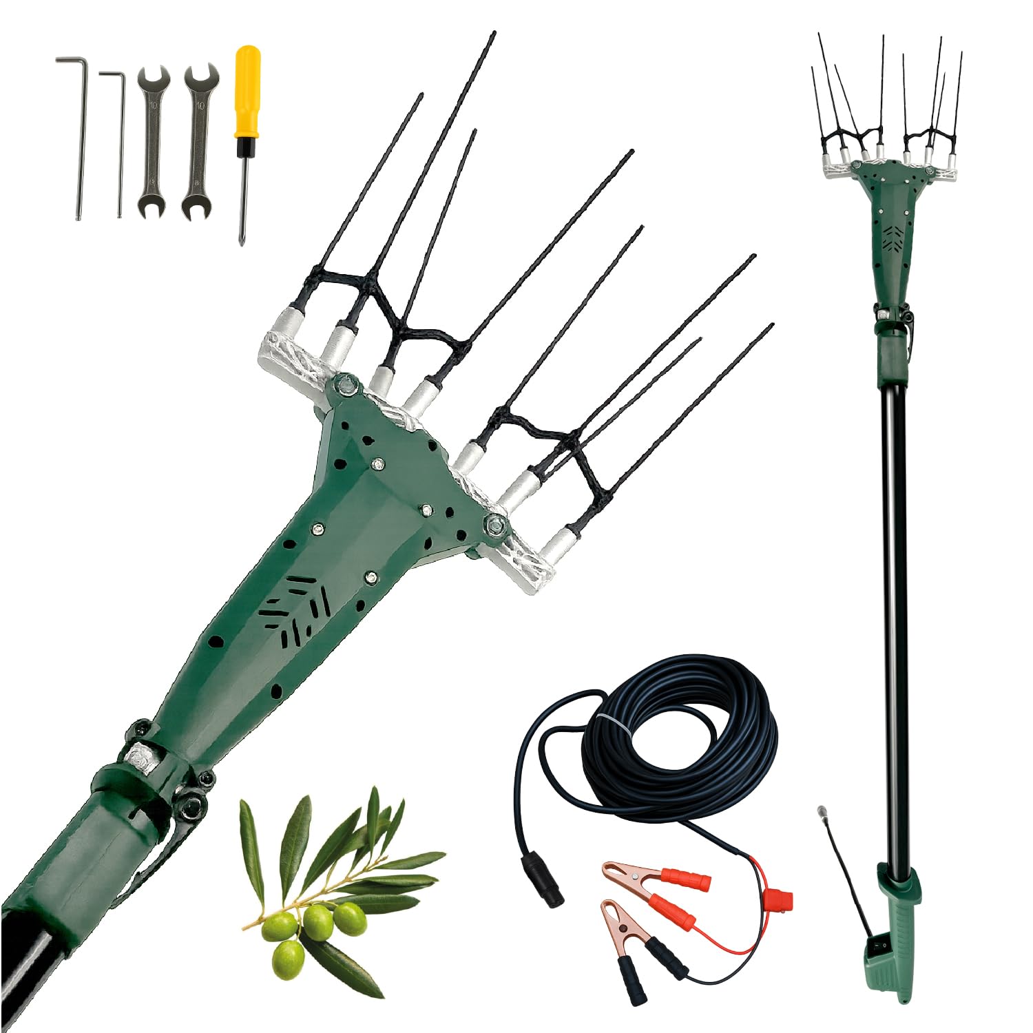 Crisalide® Vareador eléctrico para aceitunas TWIST-12 – Agitador 12 V 140 W Brushless con barra telescópica 2,3 – 3,0 m, peines de fibra de carbono y cable de 15 m – Recolector de aceitunas