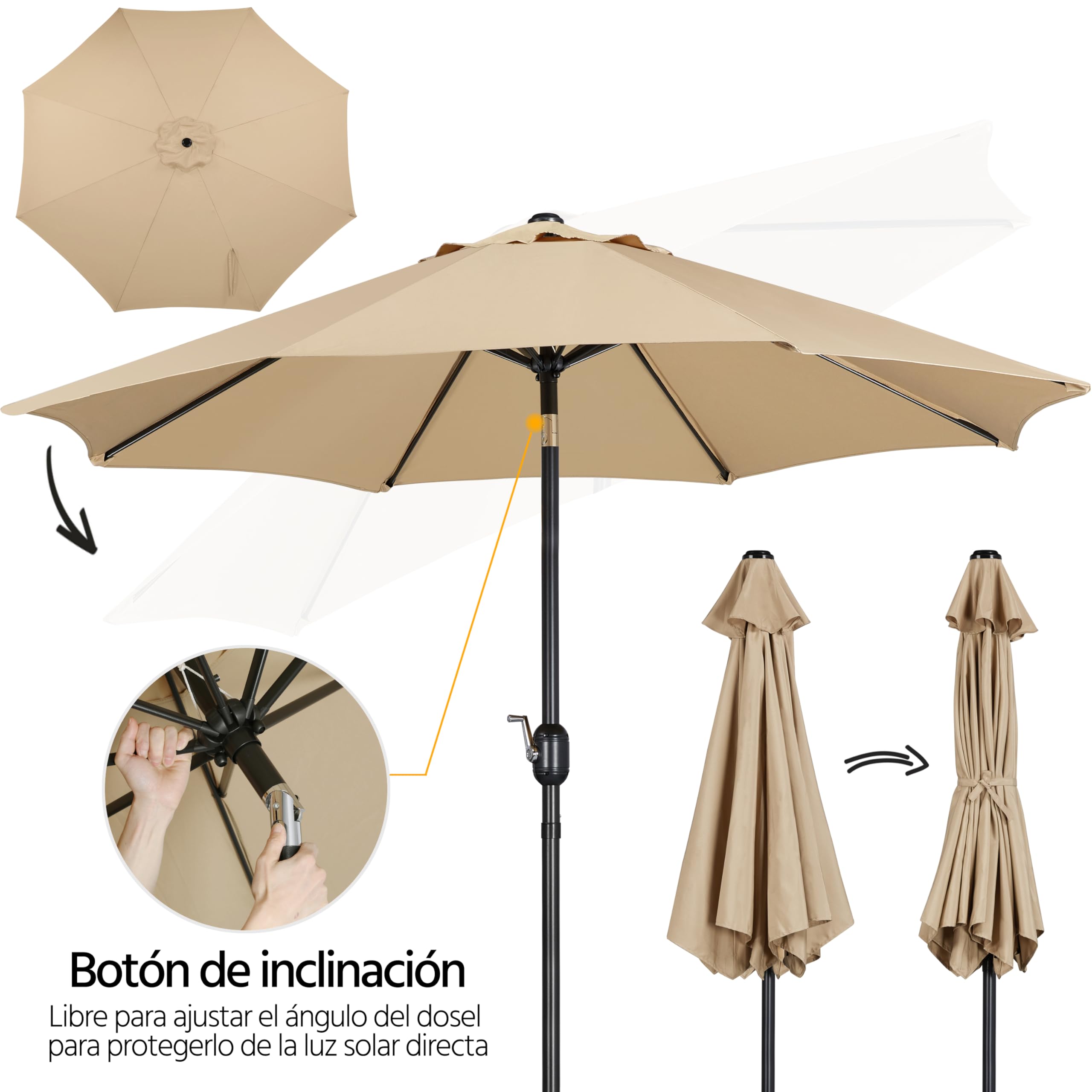 Yaheetech Parasol Sombrilla Jardín 230cm/270cm Inclinable Impermeable Protección UV Sombrilla Terraza Exterior Piscina Patio Balcón con Manivela 270cm Beige