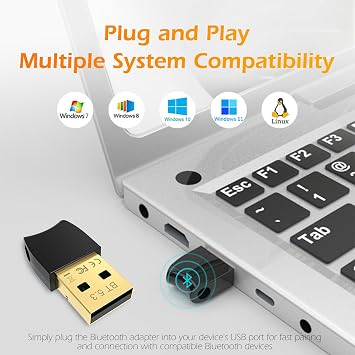 Bluetooth 5.3 USB Adapter for Desktop PC, Plug & Play Mini Dongle Receiver & Transmitter, Compatible with Laptop, Headphones, Keyboard, Mouse, Speakers, Printer, Windows 11/10/8.1