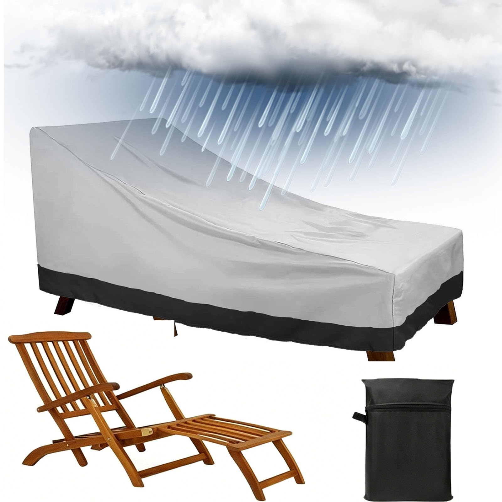 Sun Lounger Cover,210D Oxford Garden Sunbed Cover Waterproof Anti-UV Windproof with Drawstring,Outdoor Rattan Sun Lounger Covers with Vents Handles(Size:208x76x79cm,Color:Gray Black-210D Oxford)