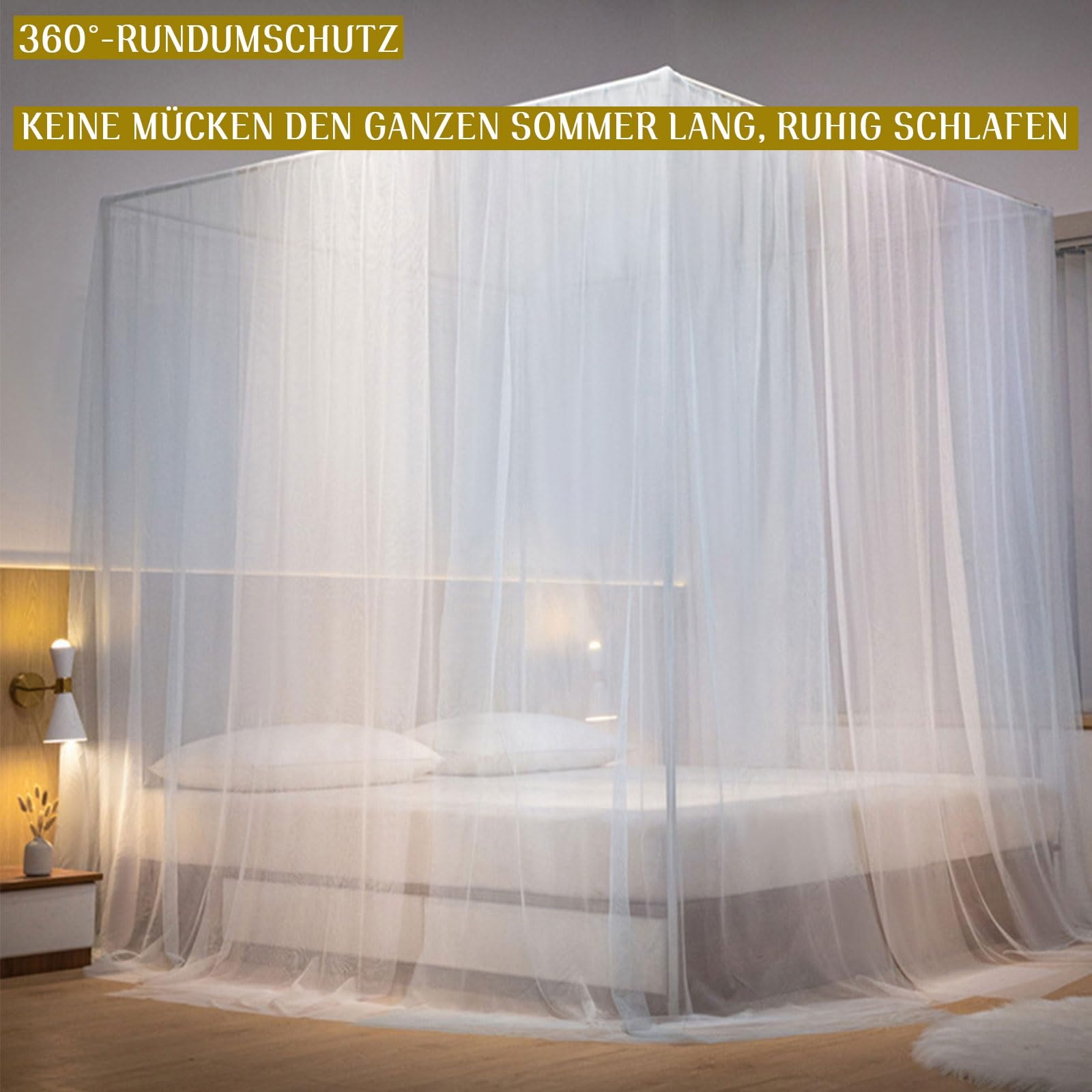 Europäisch Moskitonetz Bett mit 3 Eingang Polyester Feinmaschiges und Metall Halterung Zuhause Moskitonetze für 150cm/180cm Bett Mückennetz Inkl Kabelbinder Türvorhangschnalle und Seilschnalle