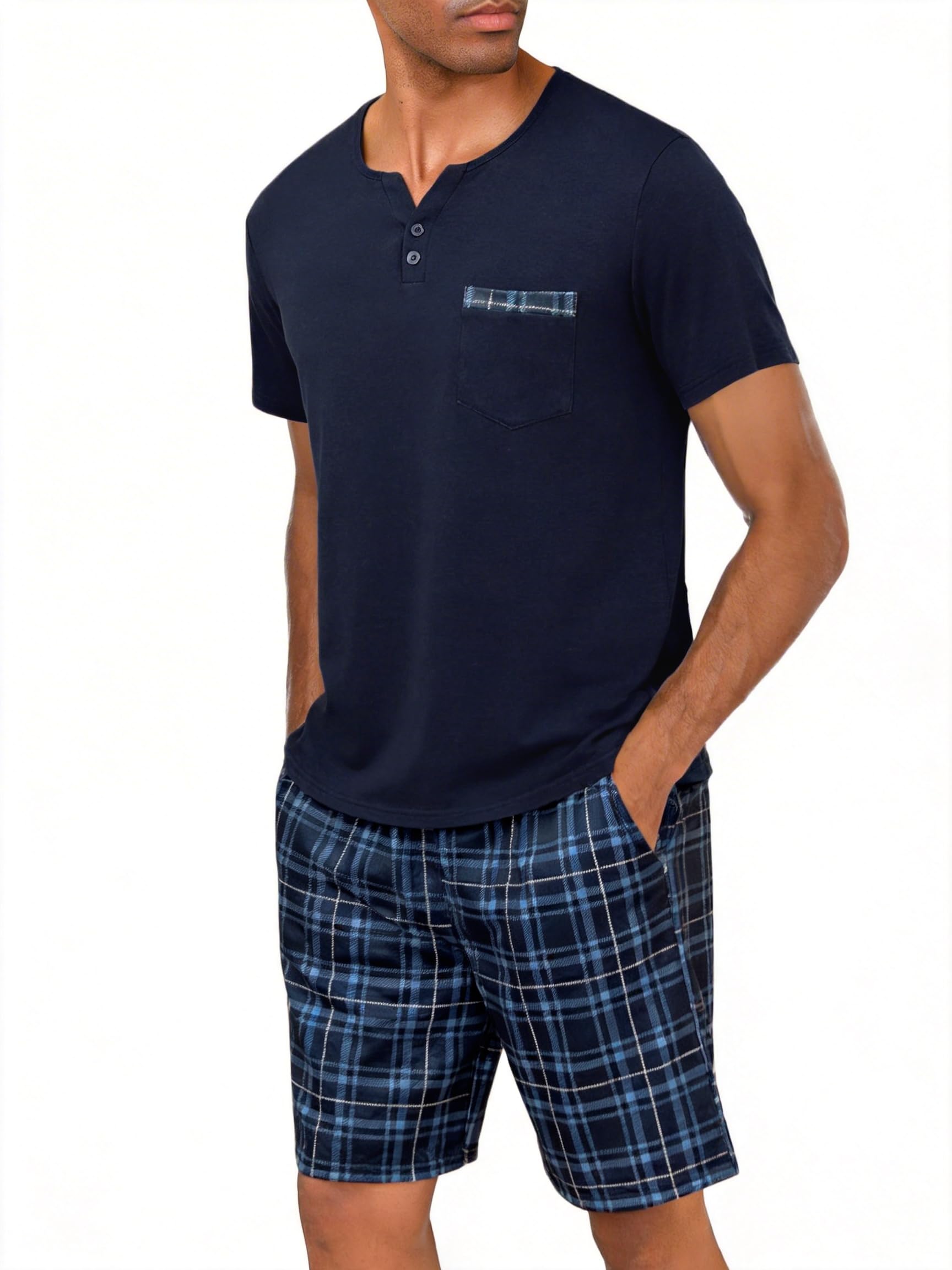 Bresdk Shchlafanzug Herren Pyjama Kurz Baumwolle mit 2 Knöpfen Kariert Sommer Männer Nachtwäsche S-3XL