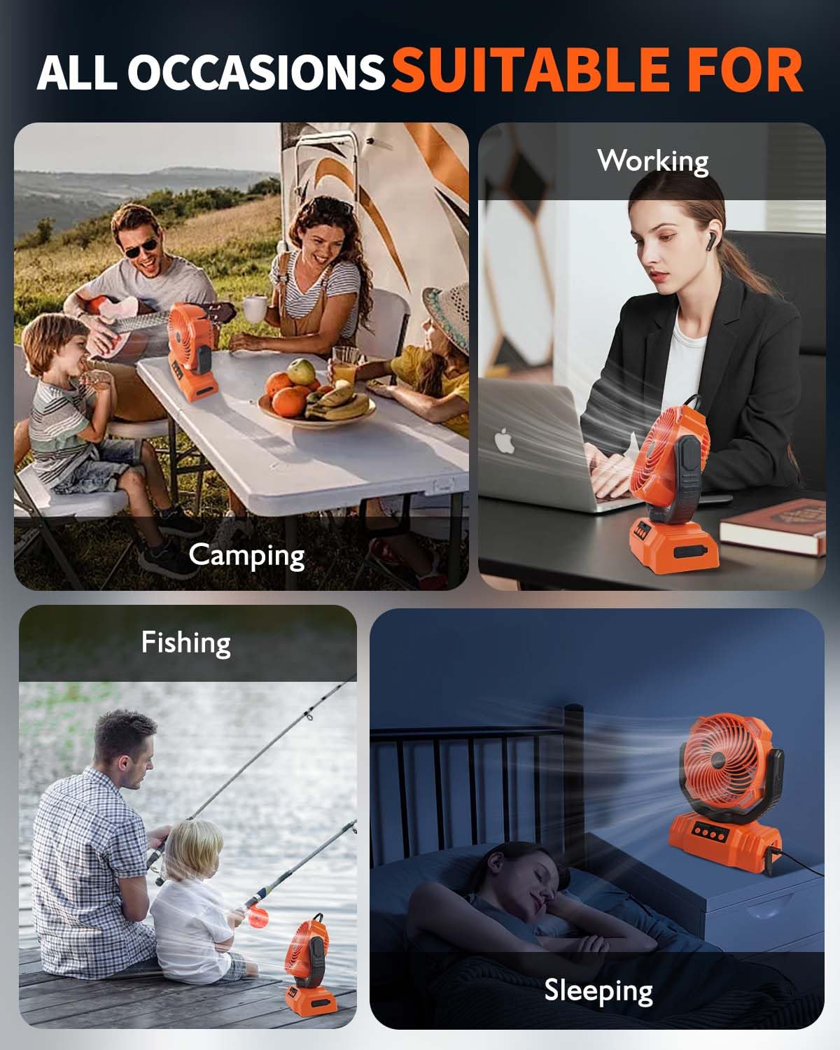 Trongle Ventilatore da campeggio con luce a LED e telecomando, 10000 mAh, ventilatore da tavolo ricaricabile auto-oscillante con gancio e custodia, ventilatore USB portatile, 4 velocità, timer