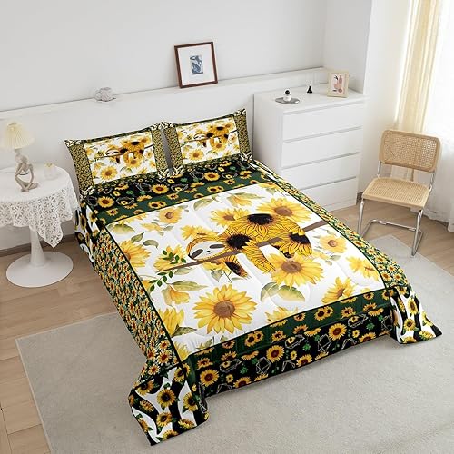 Miniatura 3 de Manfei Lindo juego de edredón de perezoso tamaño Queen, juego de edredón de flores amarillas con 2 fundas de almohada, juego de ropa de cama con