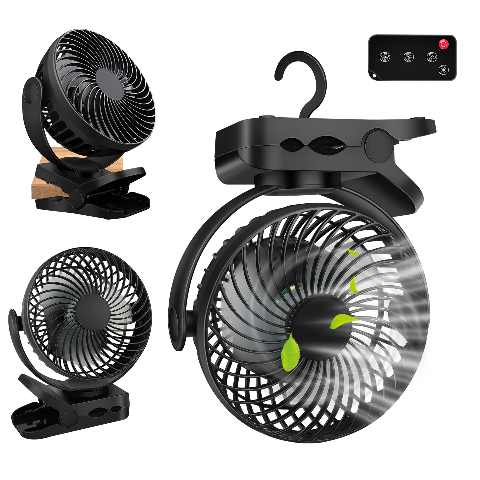 8000mAh Mini USB Ventilator Akku,Tischventilator mit Clip,3-Gang ventilator kinderwagen mit LED-Nachtlicht &Fernbedienung,360° Rotation, Aufladbar Batterie Portable Table Fan Mini Ventilator