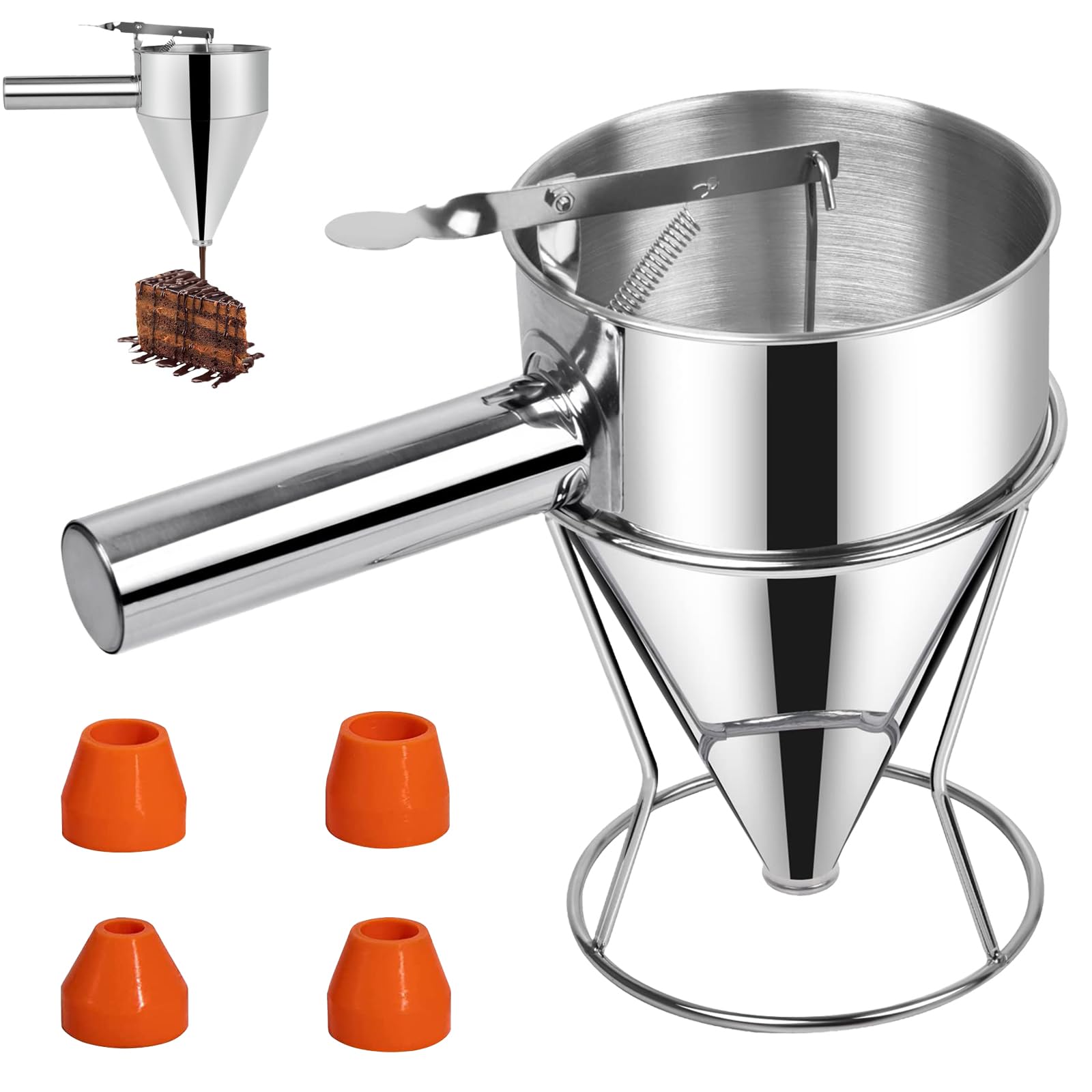 Acero Inoxidable Dispensador de Masa 1200ml, Dosificador de Masa para Panqueques, Embudo para Hornear de Acero Inoxidable, Soporte y 4 Boquillas Diferentes para Panqueques, Waffle, Cocina
