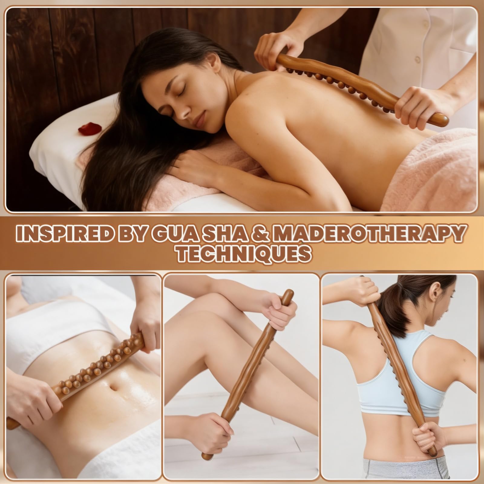 Gua Sha Wooden Therapy Varilla de madera con 31 perlas de masaje, natural y respetuosa con la piel, varilla de madera para espalda, cuello y piernas – Gua Sha – Varilla de terapia de madera Gua Sha